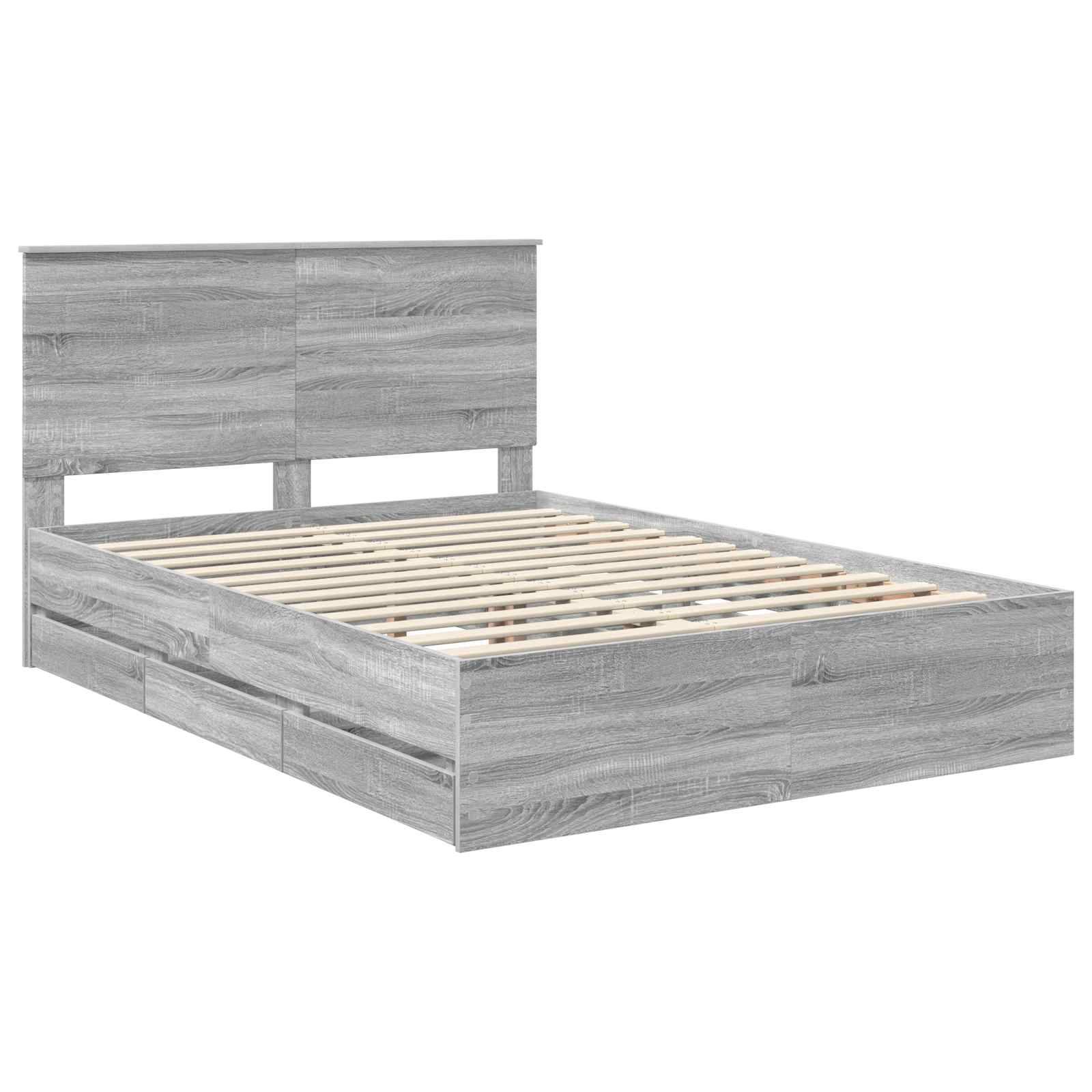 Ein Holzbettgestell mit Staurageschubladen darunter, versehen mit einem modernen grauen Finish und einem hohen, flachen Kopfteil.