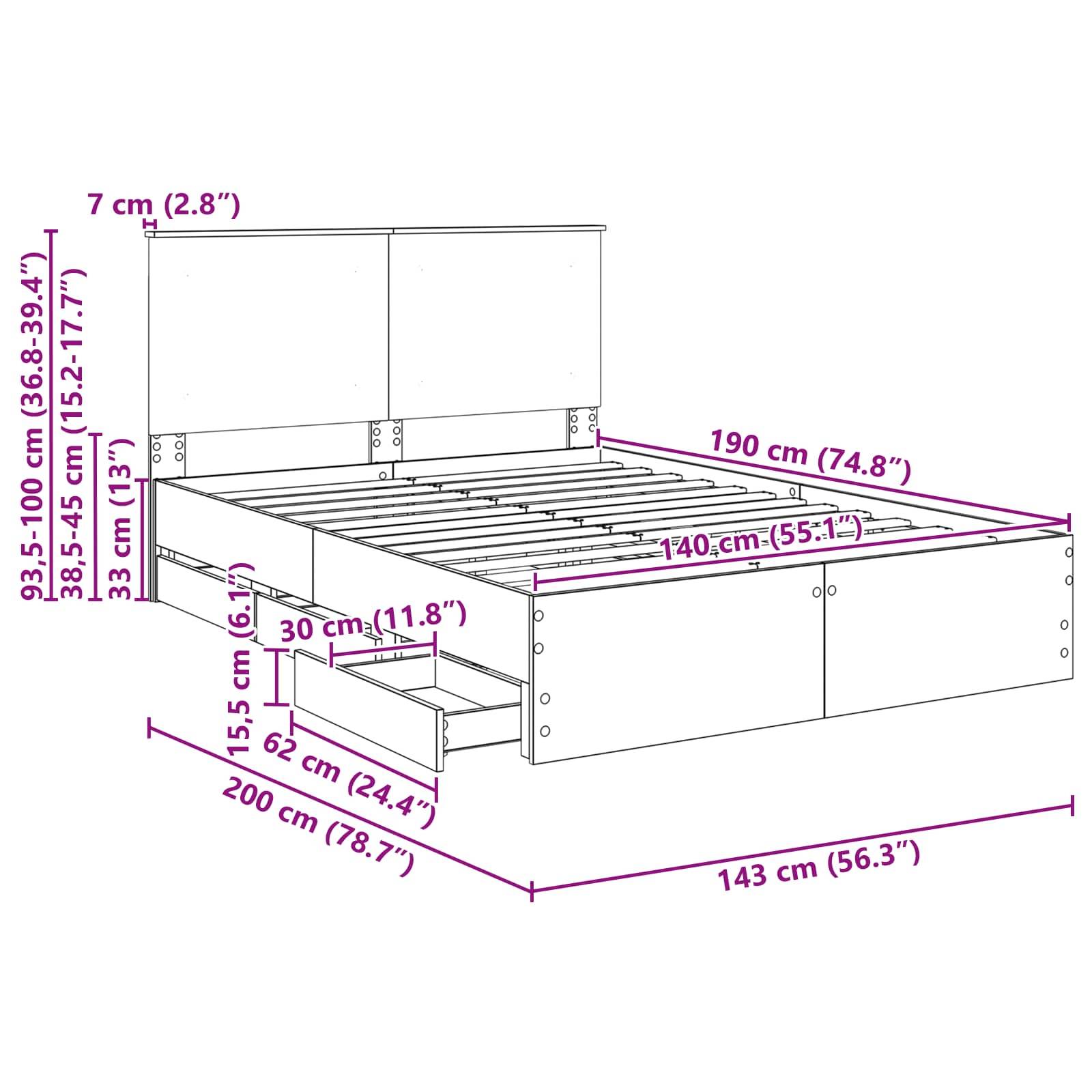 Illustration eines Bettes mit Maßen: 190 cm (Länge), 140 cm (Breite), Höhenbereich 35-100 cm. Inklusive Unterbett-Aufbewahrungsschubladen.