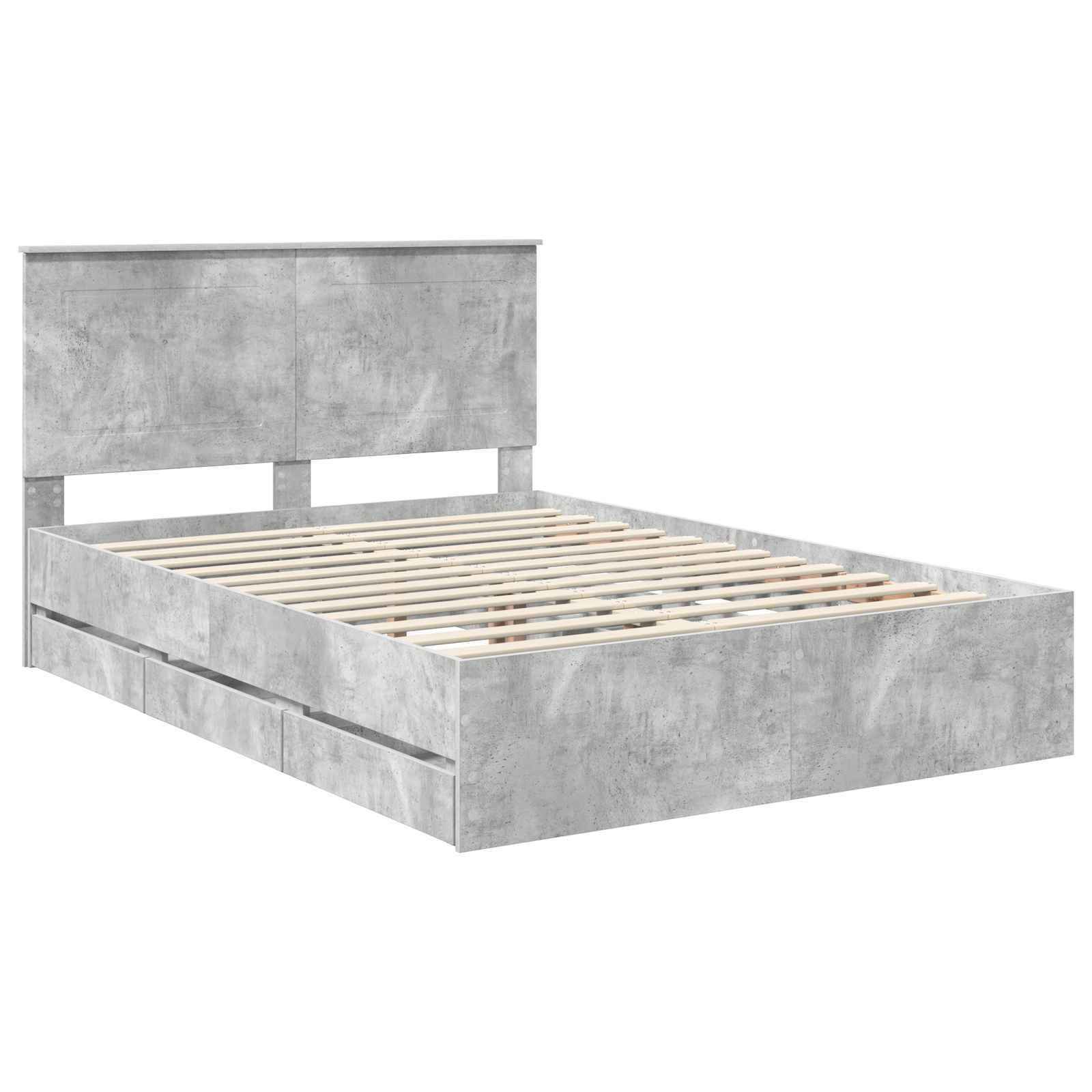 Ein grauer Holzbettrahmen mit hohem Kopfteil und Lattenrost, der ein minimalistisches Design präsentiert.