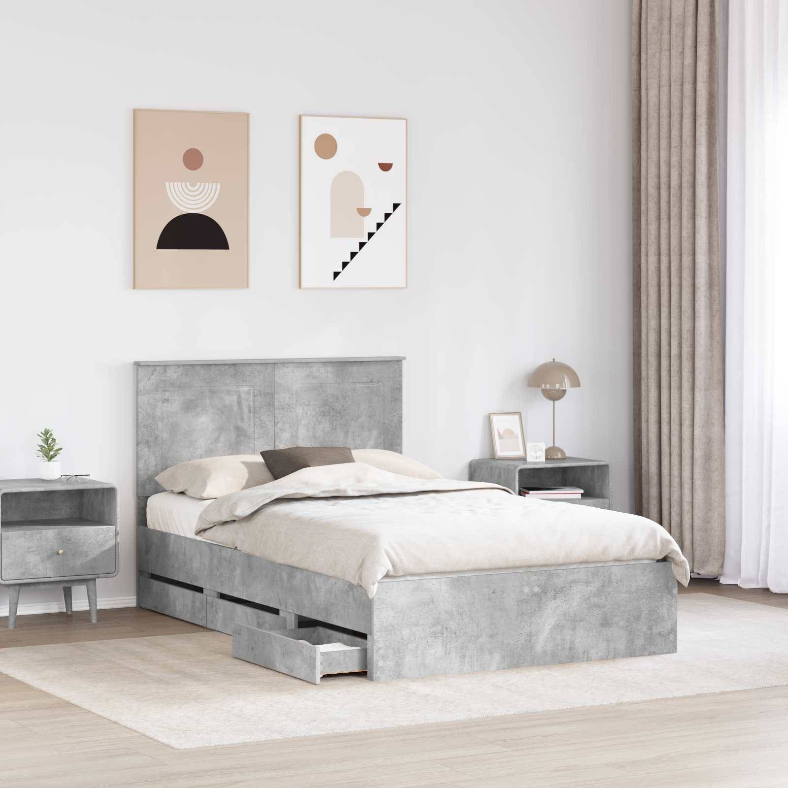 vidaXL Bettrahmen mit Kopfteil Beton Grau 135 x 190 cm Ingenieurs Holz