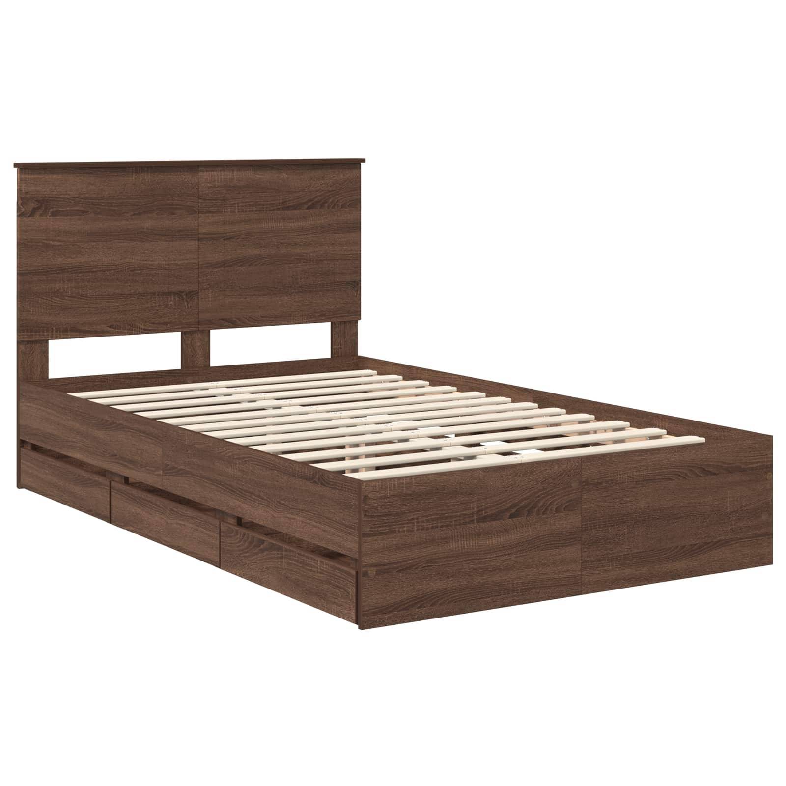 Ein Holz-Plattformbett mit hohem Kopfteil und Schubladen unter dem Bett, in einer dunkelbraunen Ausführung.