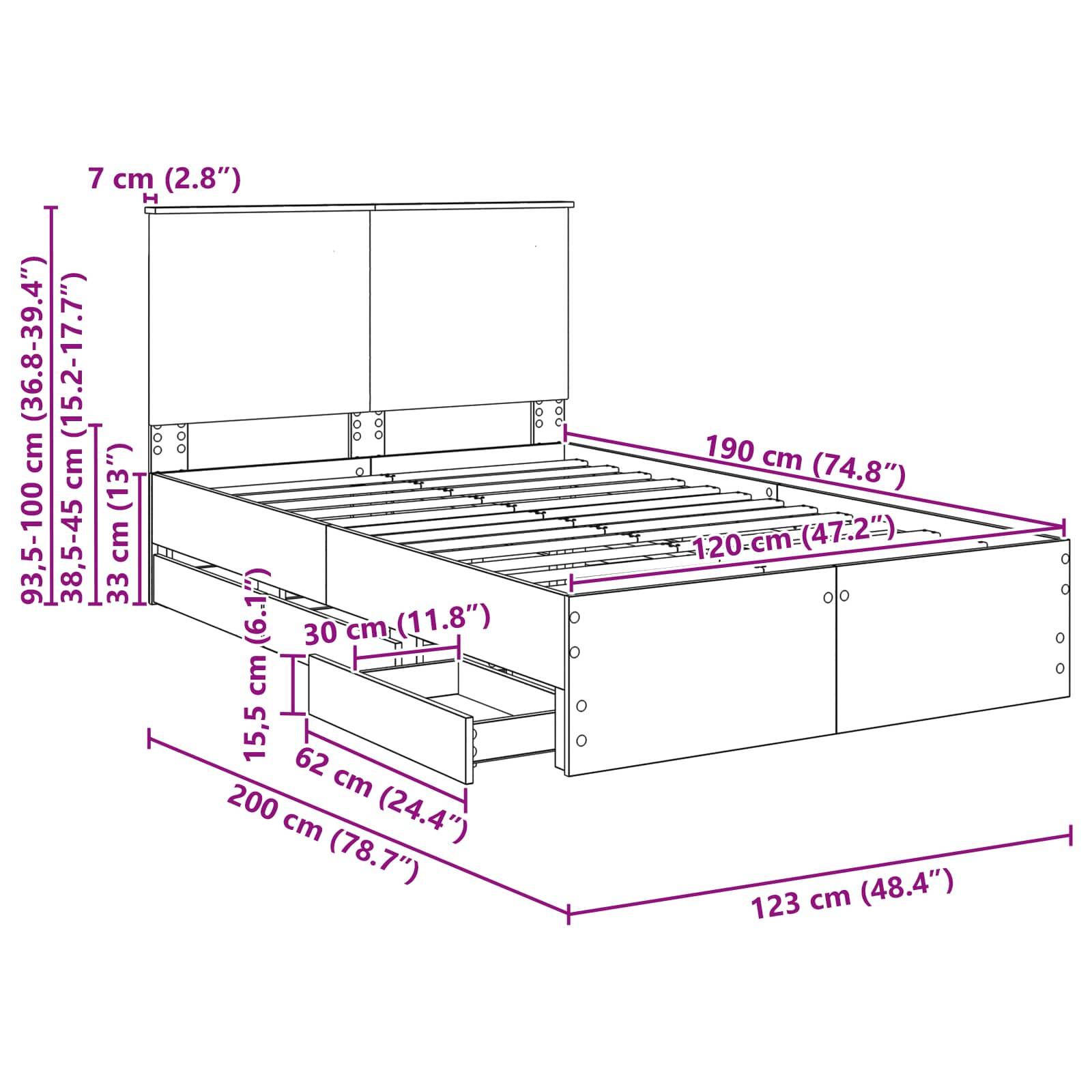 Diagramm eines Bettes mit Abmessungen: Höhe 93,5-100 cm, Breite 123 cm, Länge 200 cm. Enthält Schubladen und seitliche Maßangaben in cm und Zoll.