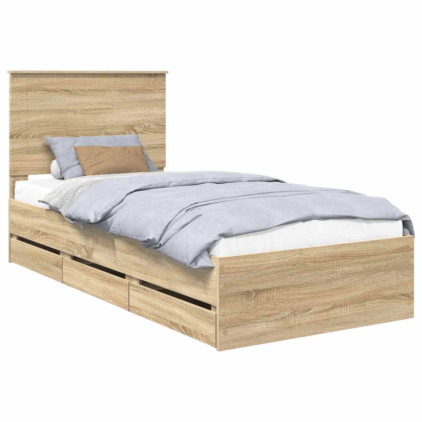Holzbett mit hohem Kopfteil, hellblauer Bettwäsche und einem braunen Zierkissen. Das Bett verfügt über vier sichtbare Aufbewahrungsschubladen darunter.