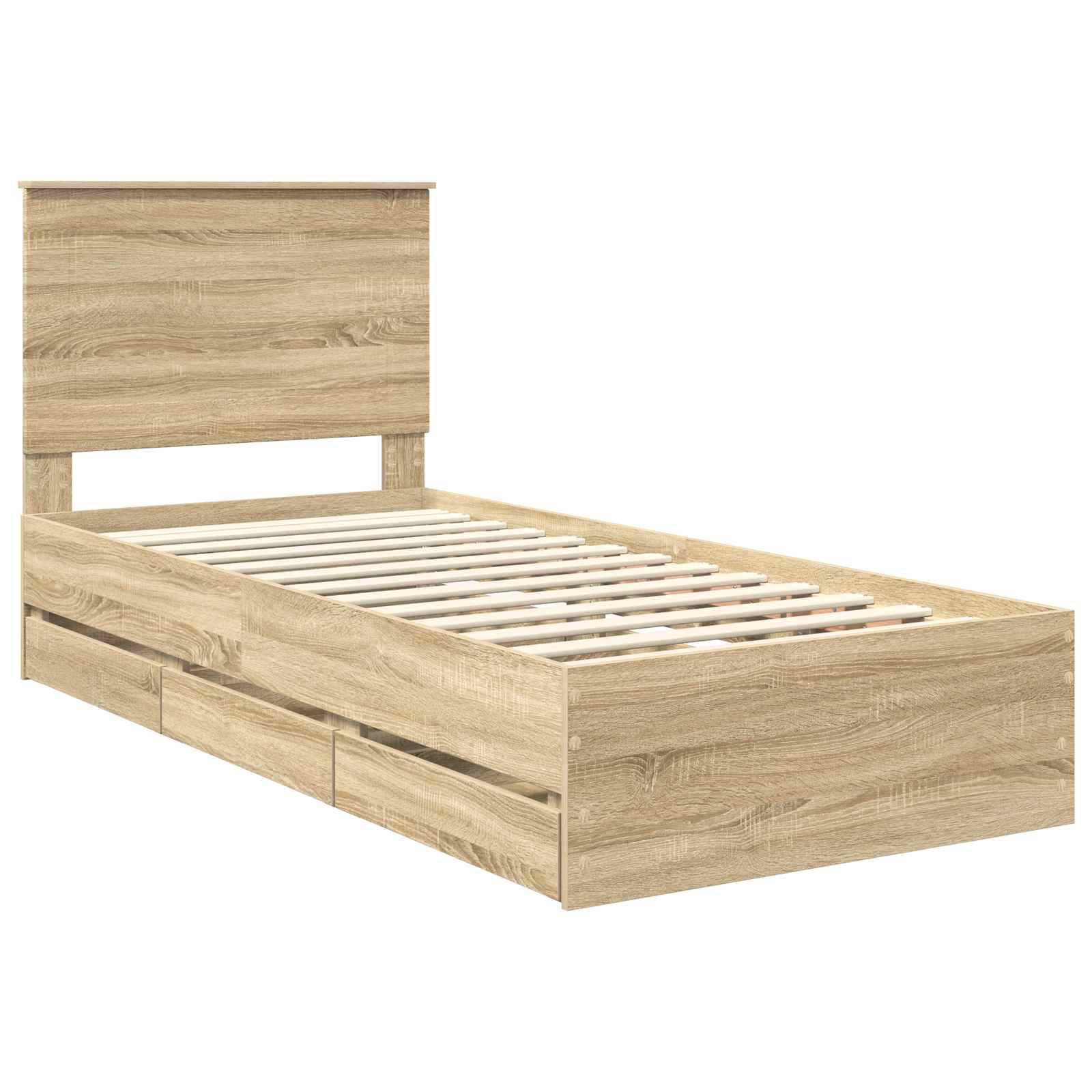 Ein Holz-Einzelbettgestell mit Kopfteil, in heller Eiche-Optik und mit Staurageschubladen darunter, geeignet für ein minimalistisches Schlafzimmer.