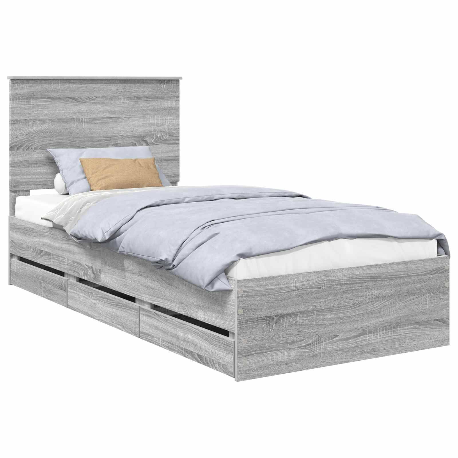 Ein modernes Einzelbett mit grauer Holzoberfläche, ausgestattet mit einem hohen Kopfteil und hellblauen Bettwäsche mit einem beigen Akzeptkissen.