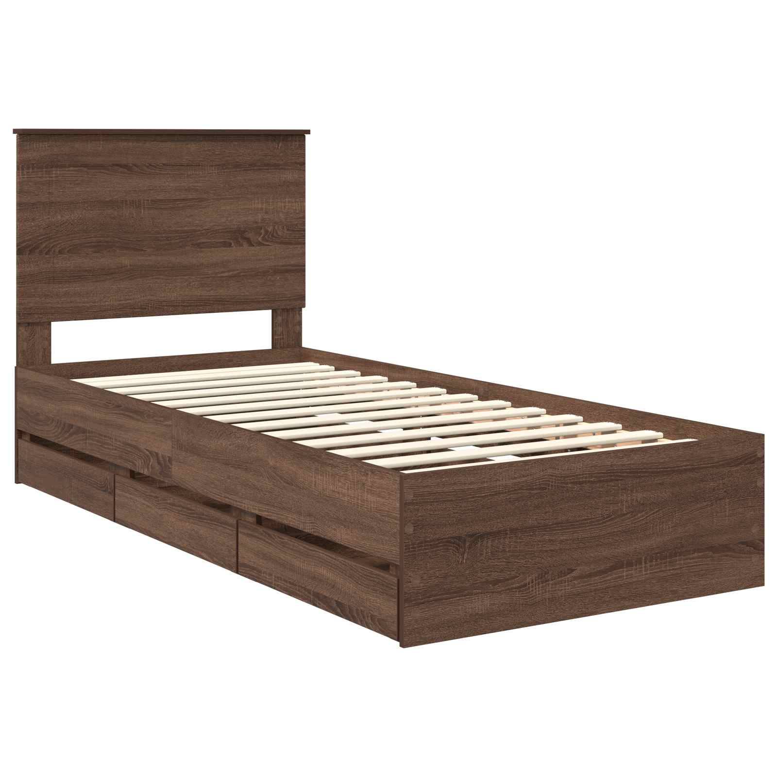 Ein Holz-Einzelbettgestell mit hohem Kopfteil, ausgestattet mit Latten-Unterboden und zwei Bettkasten-Schubladen.