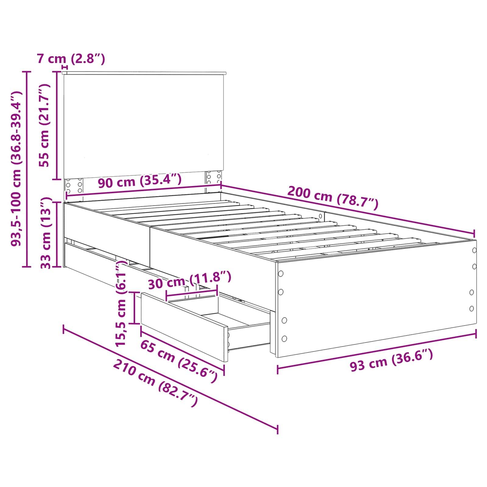 Diagramm eines Bettgestells mit Abmessungen: höhenverstellbar 93,5-100 cm, Breite 93 cm, Länge 210 cm. Inklusive Aufbewahrungsschubladen.