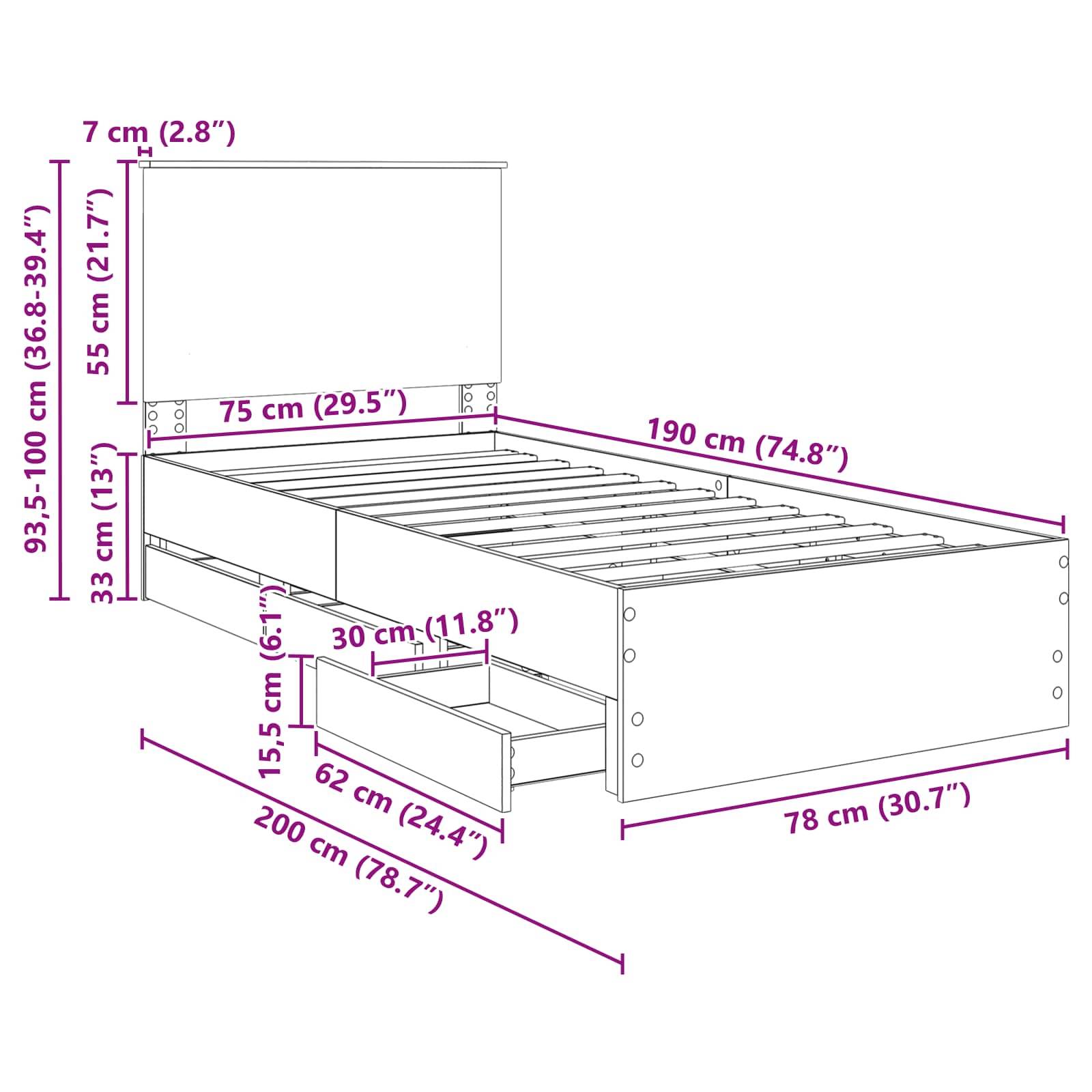 Diagramm eines Bettgestells mit Maßen: Länge 200 cm, Breite 78 cm, Höhe verstellbar 93,5-100 cm, Schubladenlänge 62 cm, Breite 30 cm.