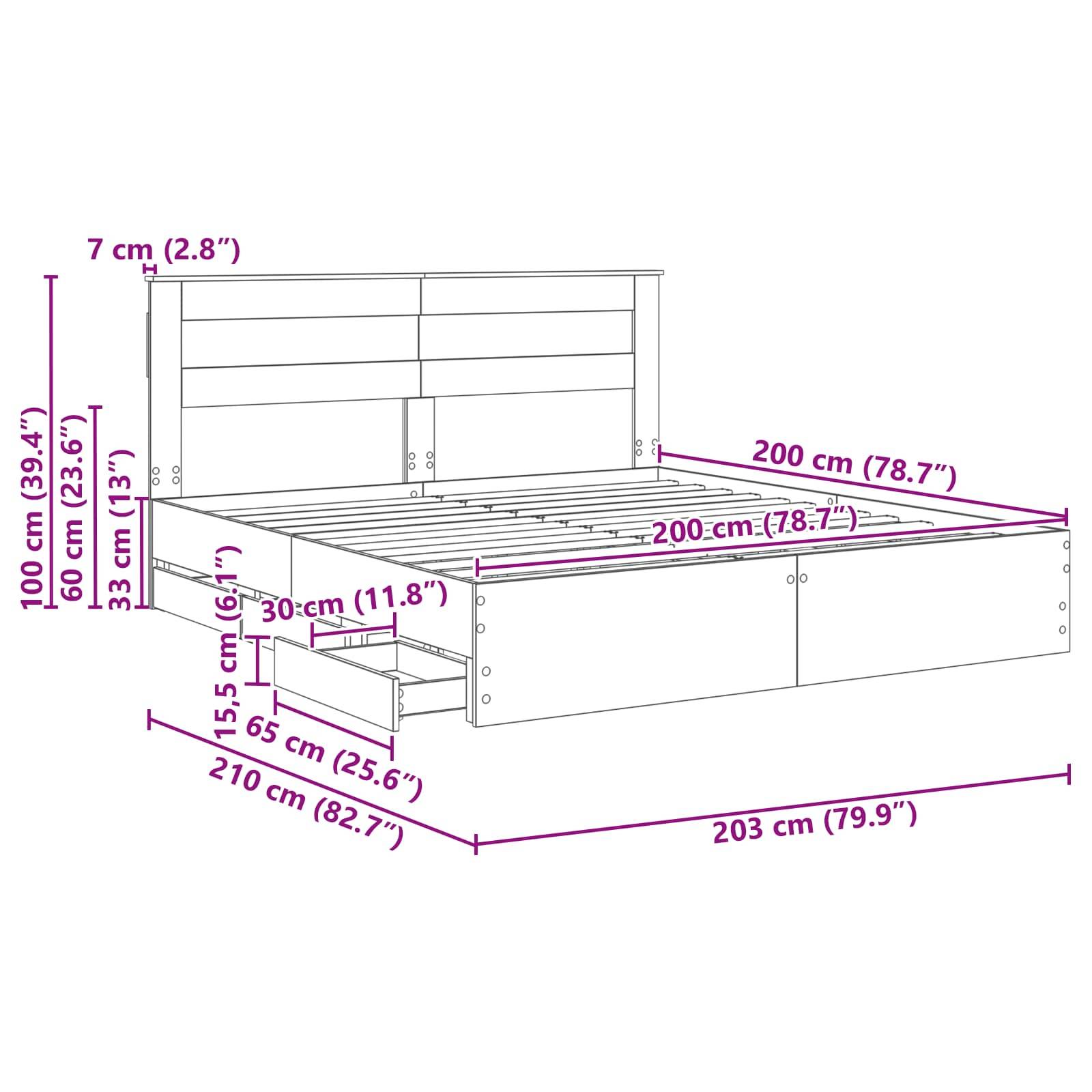 Bettmaße-Diagramm mit folgenden Abmessungen: Breite: 203 cm (79,9