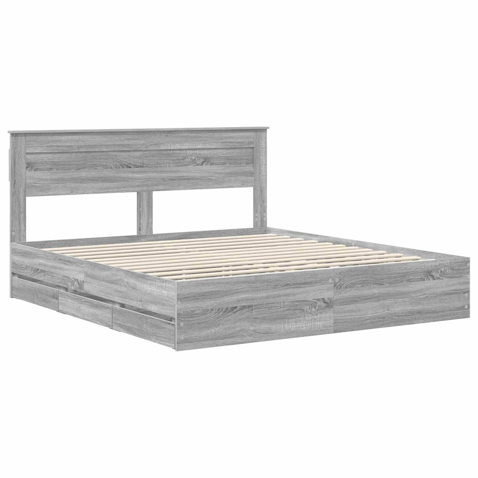 Holzbettgestell mit einer hellgrauen Beschichtung, ausgestattet mit einer Lattenrostunterlage und einem schlichten, modernen Kopfteildesign.