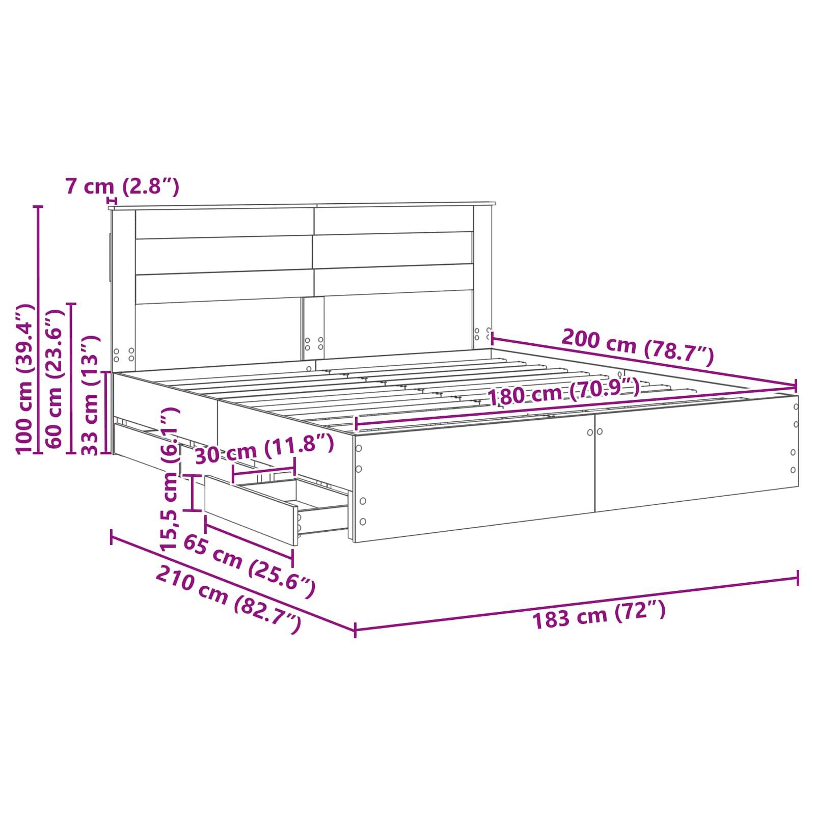Bettrahmen mit Maßen: Länge 210 cm (82,7