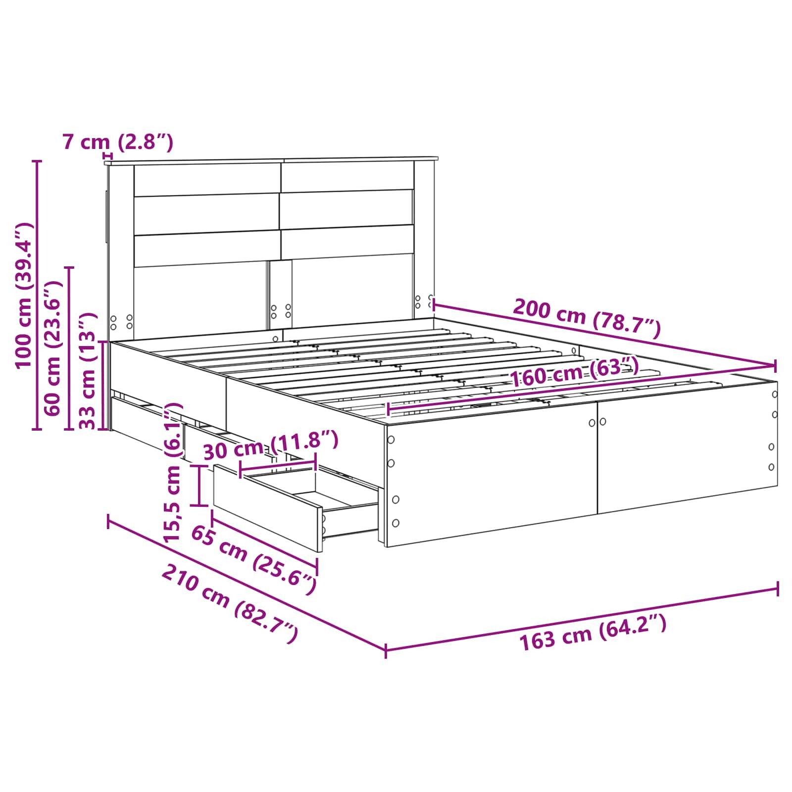 Maße und Merkmale eines Bettes: Breite 160 cm (63