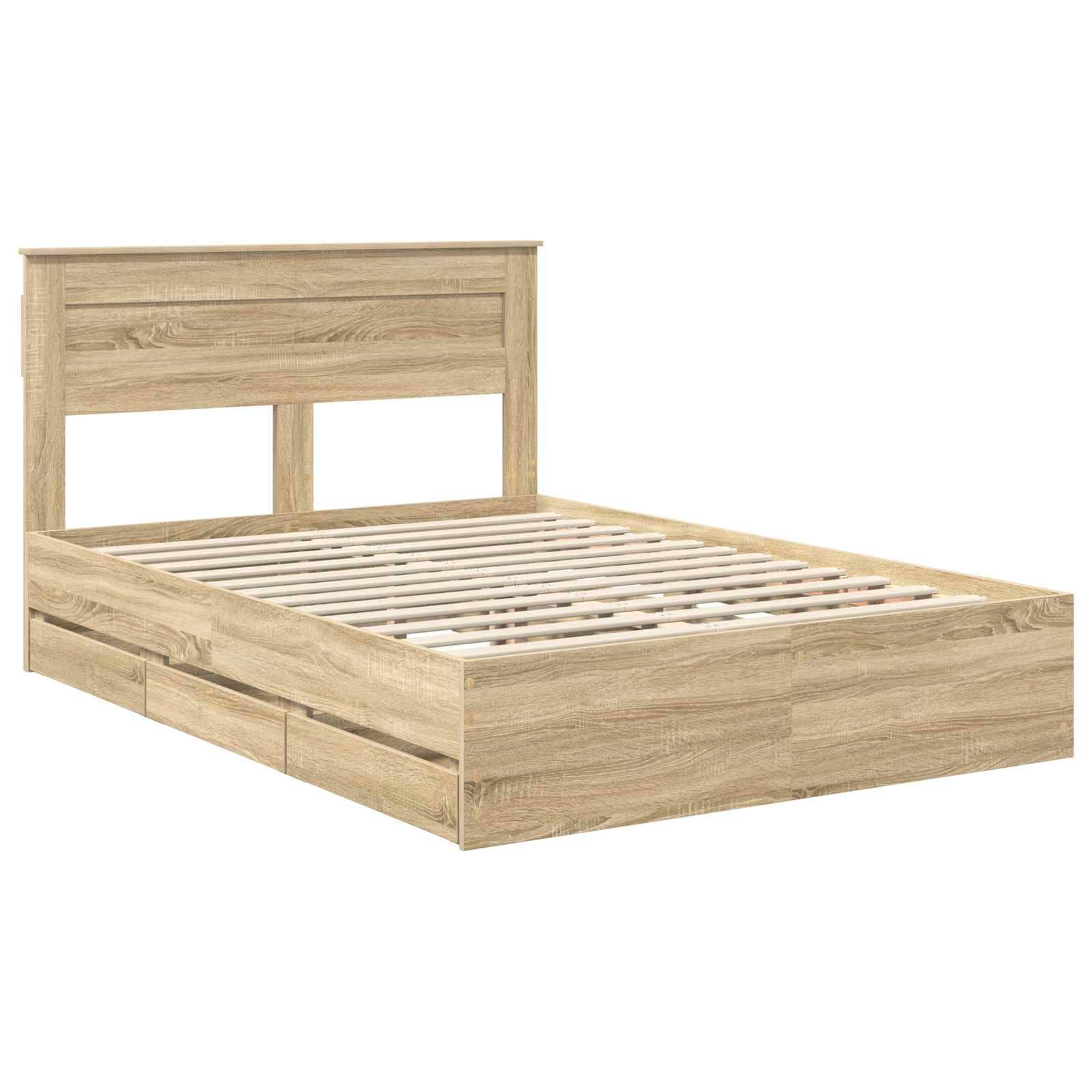 Holzbettgestell mit Lattenrost und Kopfteil, in einer hellen Eichenholz-Optik. Keine Bettwäsche vorhanden. Geeignet für ein modernes Schlafzimmer.