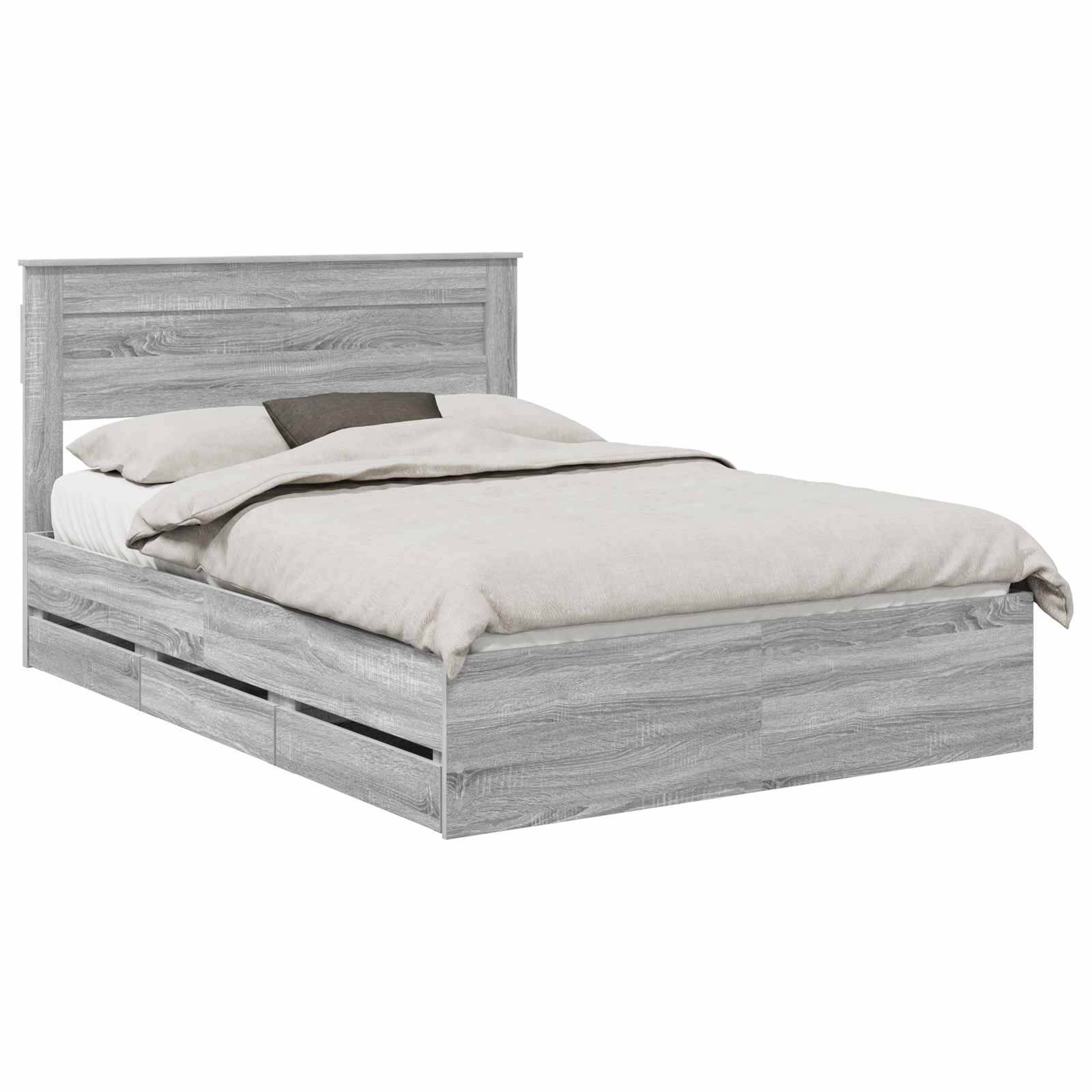 Ein Holzbettgestell mit einem hellen Grauton, ausgestattet mit einem Kopfteil und einem sorgfältig bezogenen Bett mit beigefarbener Bettwäsche und Kissen.