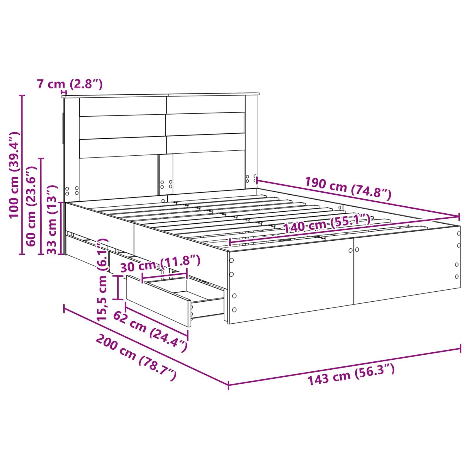 Maße eines Bettgestells mit Stauraum: Höhe 100 cm, Länge 190 cm, Breite 143 cm. Inklusive Unterbett-Schubladen, Regal und Fächern.