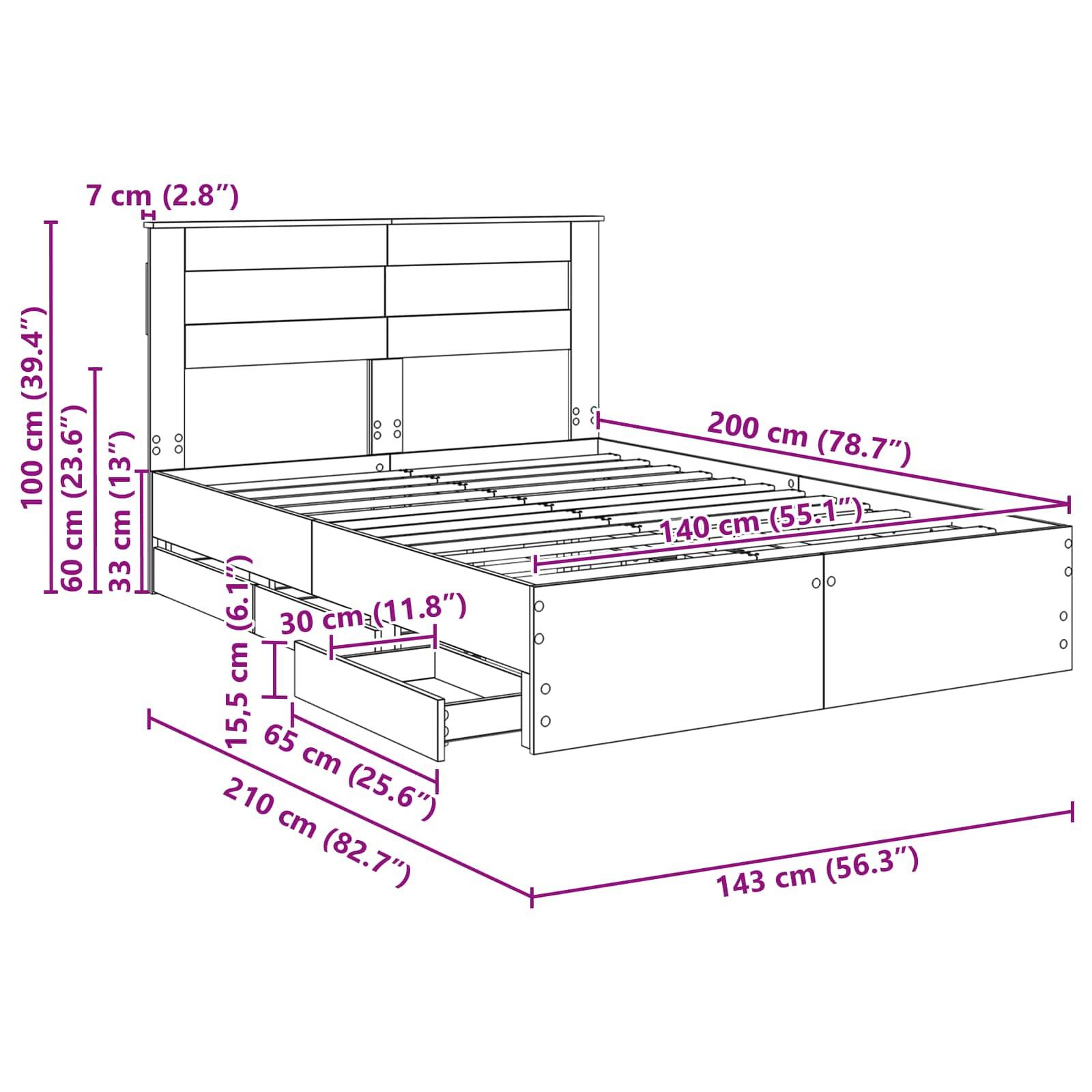 Diagramm eines Bettgestells mit Stauraum. Abmessungen sind beschriftet: Höhe 100 cm, Breite 143 cm, Tiefe 215 cm. Beinhaltet Schubladen.