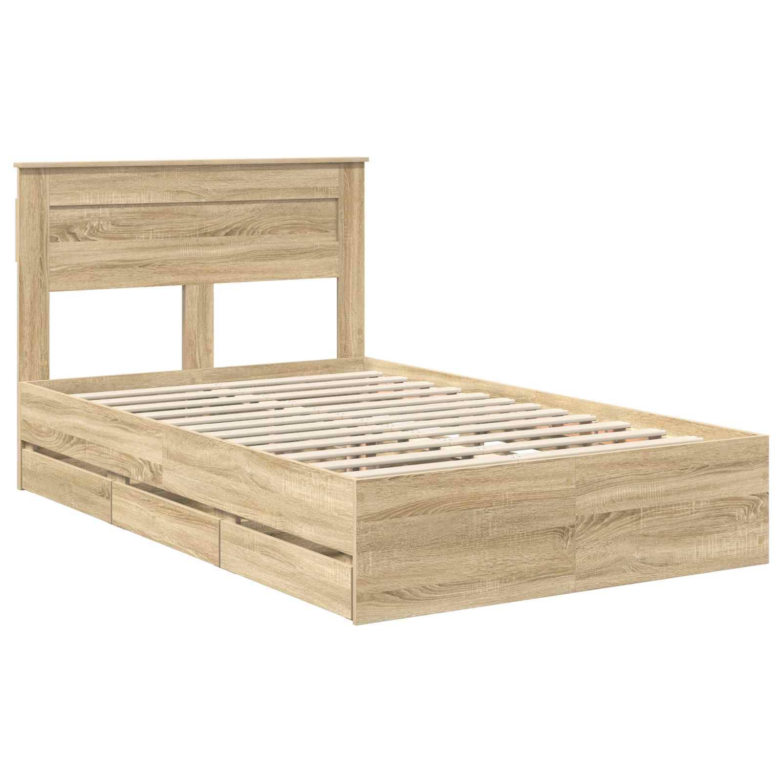 Ein heller Holzbettenrahmen mit Lattenrost und Kopfteil, ausgestattet mit integrierten Staurageschubladen darunter.