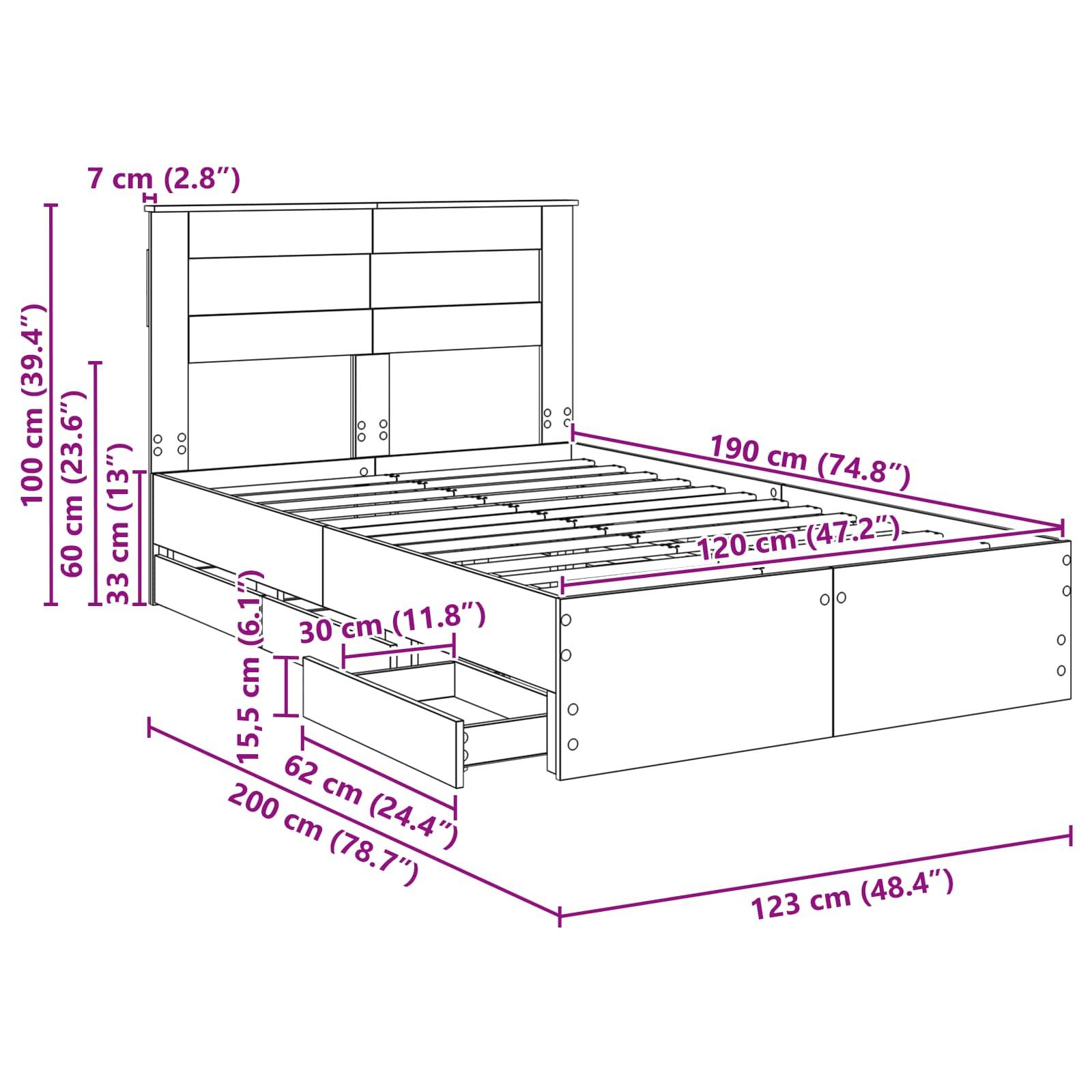Bettrahmenabmessungen: Höhe 100 cm, Länge 200 cm, Breite 123 cm. Matratzengröße 190 cm x 120 cm. Inklusive zwei Schubladen, jede 30 cm tief.