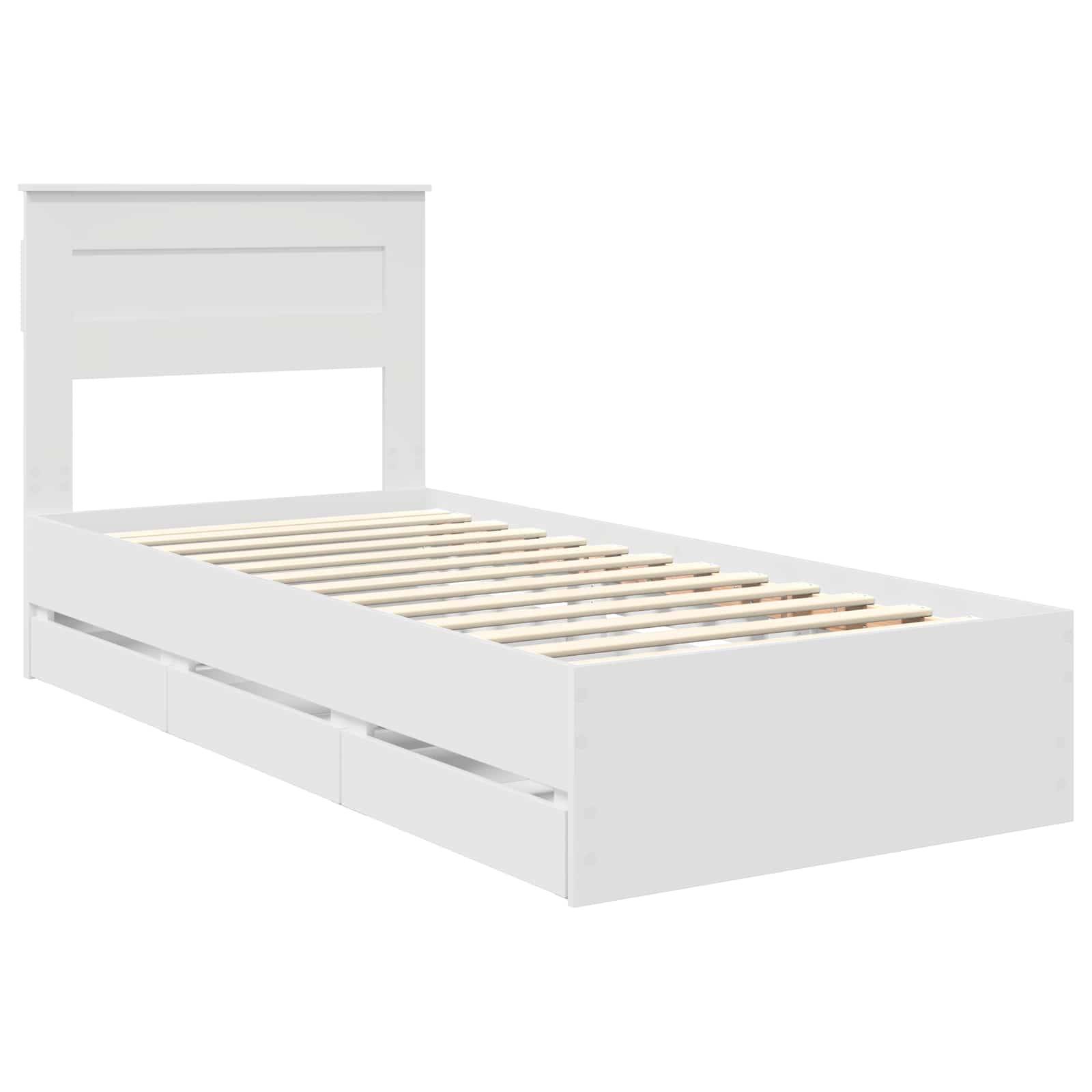 Weißes Zwillingsbett-Gestell mit Lamellenboden und Kopfteil, ausgestattet mit Staurageschubladen darunter. Modernes und minimalistisches Design.