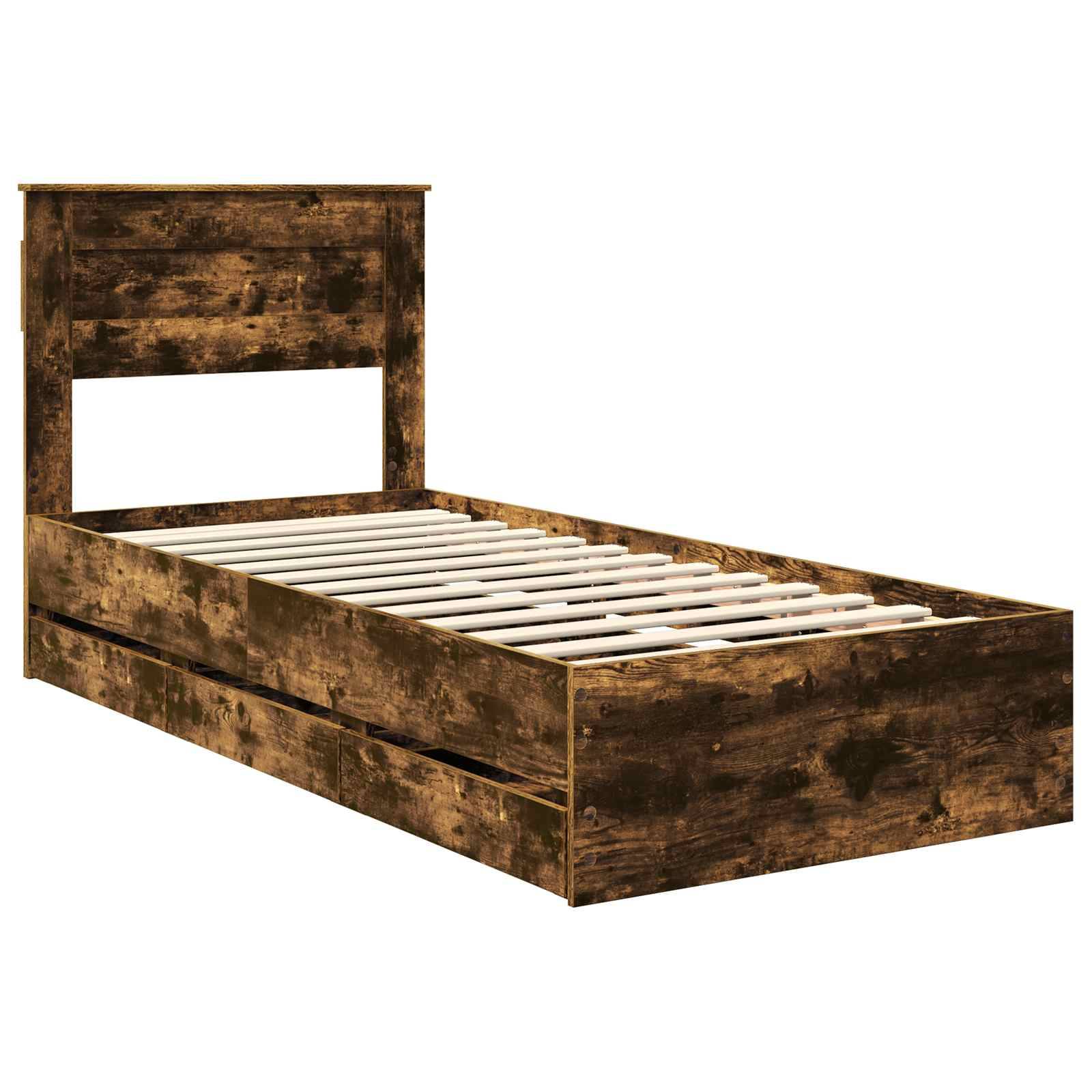 Rustikaler Holz-Doppelbett-Rahmen mit hohem Kopfteil und Bettkasten-Schubladen. Keine Matratze abgebildet.