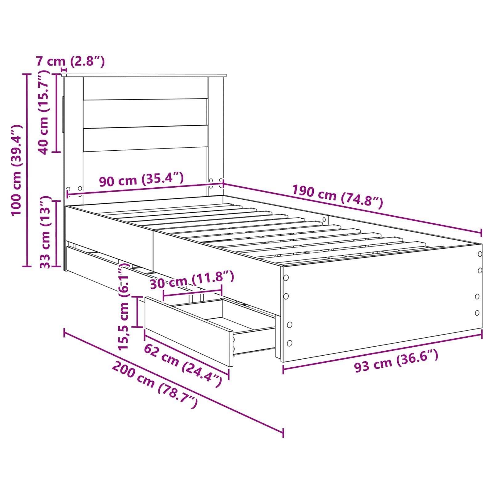 Bettrahmen-Montage-Diagramm mit Maßen: Höhe 100 cm, Breite 90 cm, Länge 190 cm. Enthält Schubladen, beschriftet in Zentimetern.