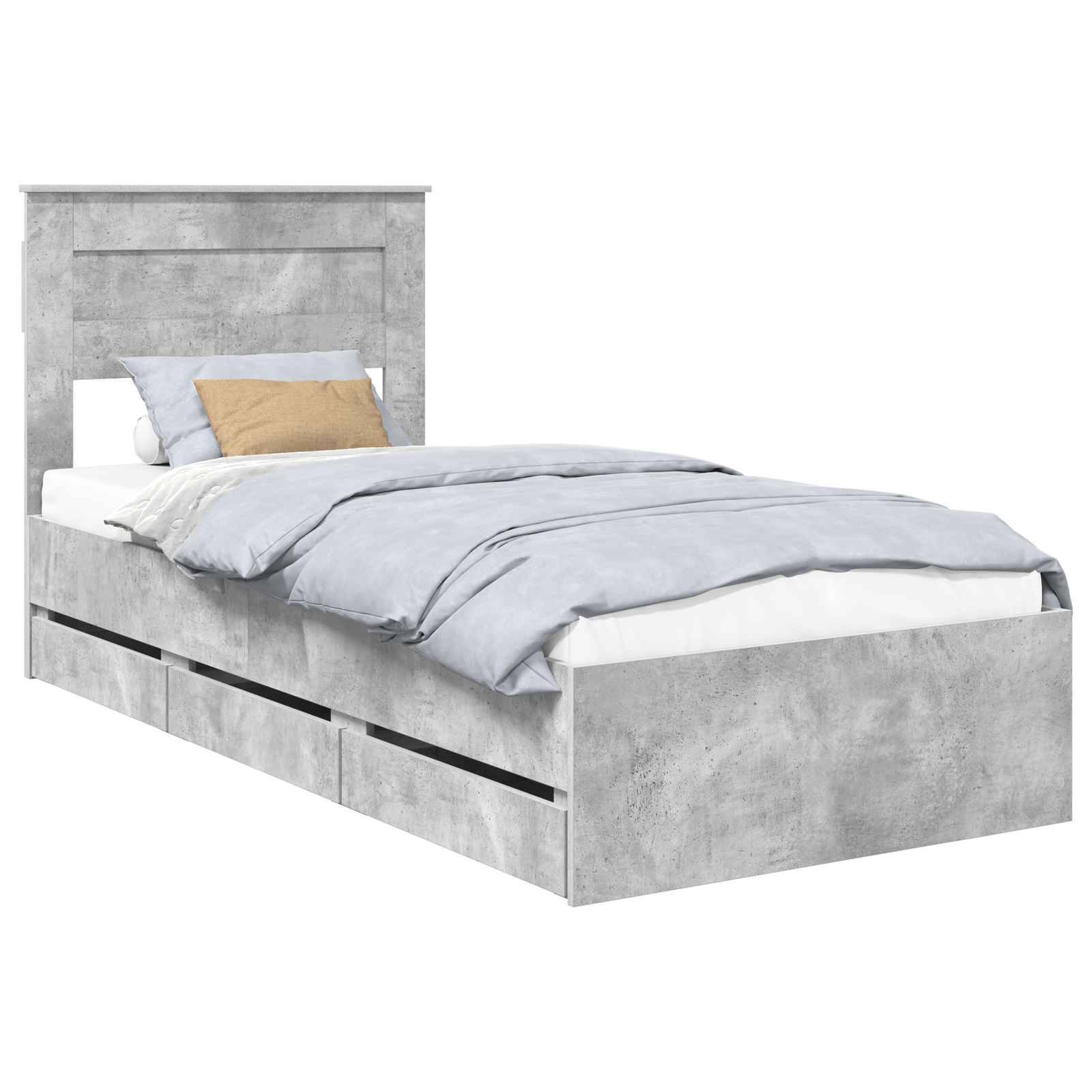 Ein graues Bett mit einem hohen Kopfteil und drei Aufbewahrungsschubladen darunter. Es ist ordentlich bezogen mit hellblauer Bettwäsche und einem beigen Kissen.