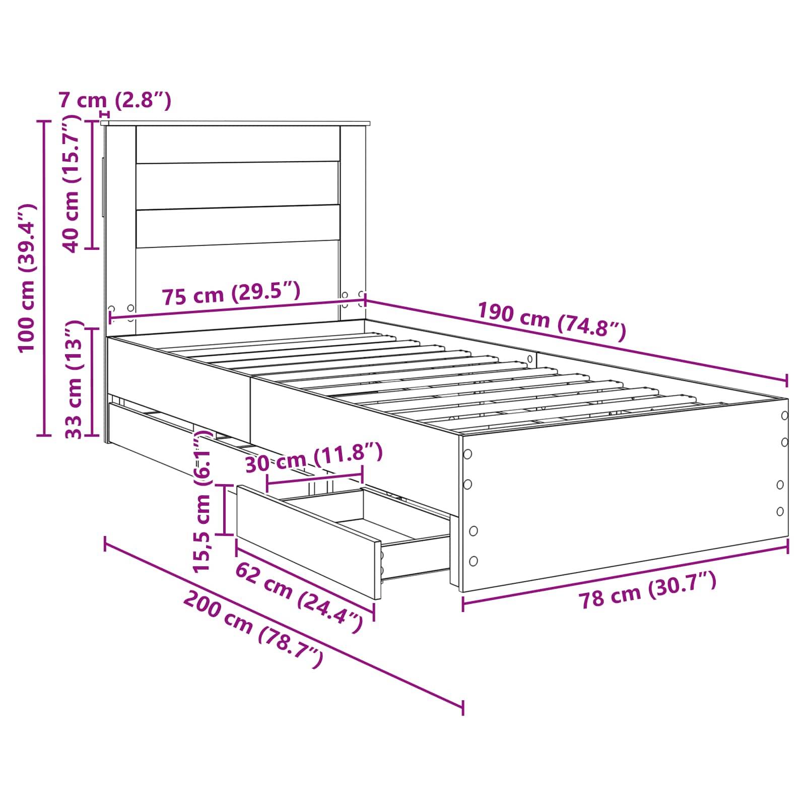 Ein Bettgestell mit Kopfteil und integrierten Schubladen, Maße gekennzeichnet: Höhe 100 cm, Länge 200 cm, Breite 78 cm, Schubladentiefe 33 cm.