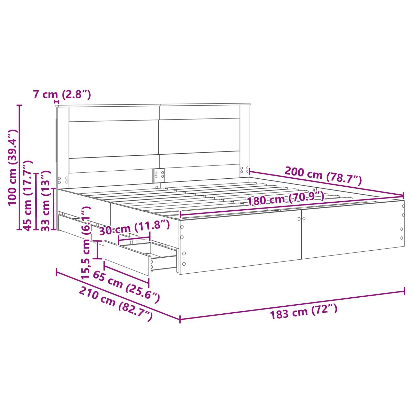 Bettrahmen-Abmessungen mit Stauraum: Breite 210 cm, Tiefe 200 cm, Höhe 100 cm. Inklusive Bettkasten: 30 cm tief, 15,5 cm hoch.