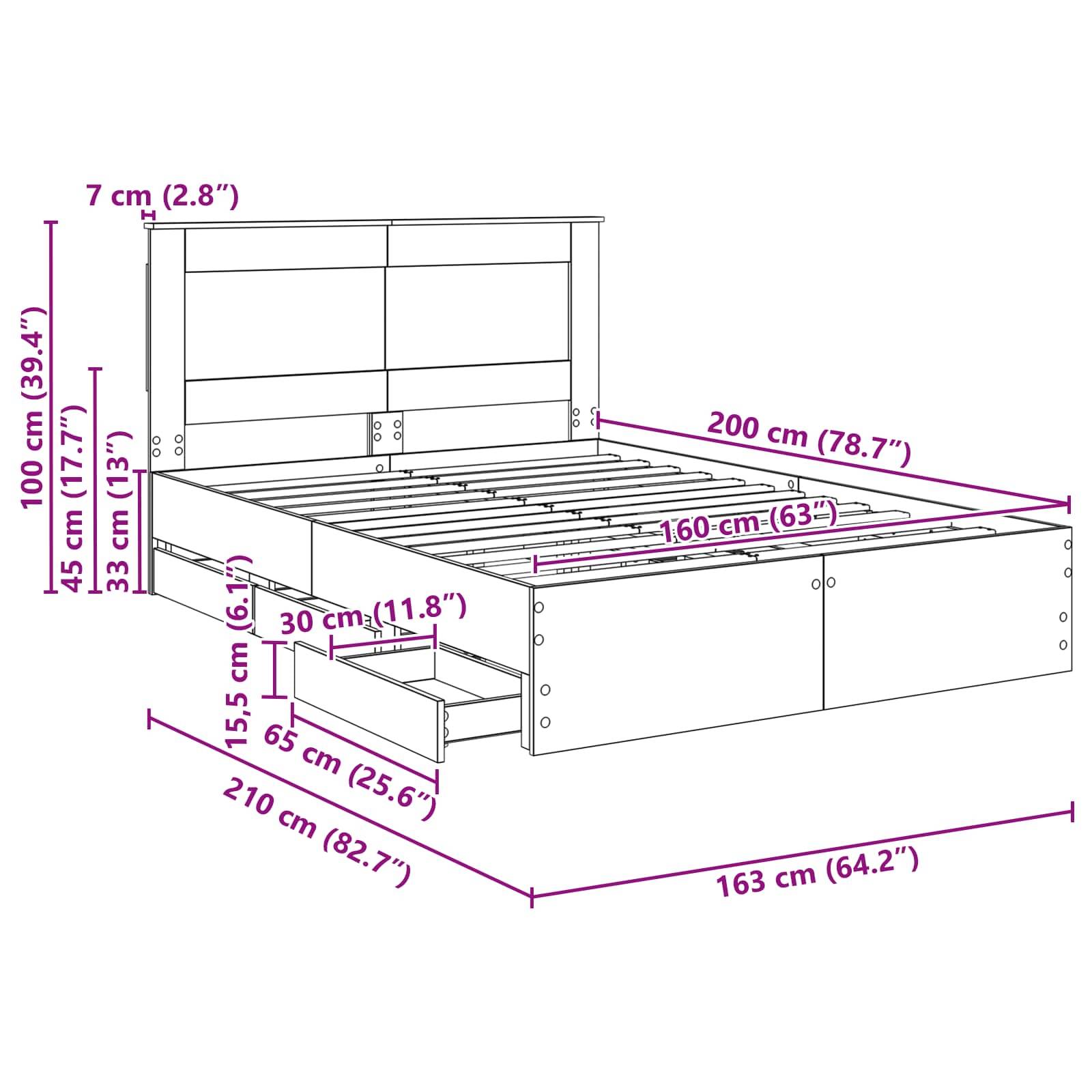Bettrahmen-Diagramm mit Maßangaben in Zentimetern und Zoll. Merkmale: Schubladen und Kopfteil. Abmessungen: 200 cm Länge, 163 cm Breite.