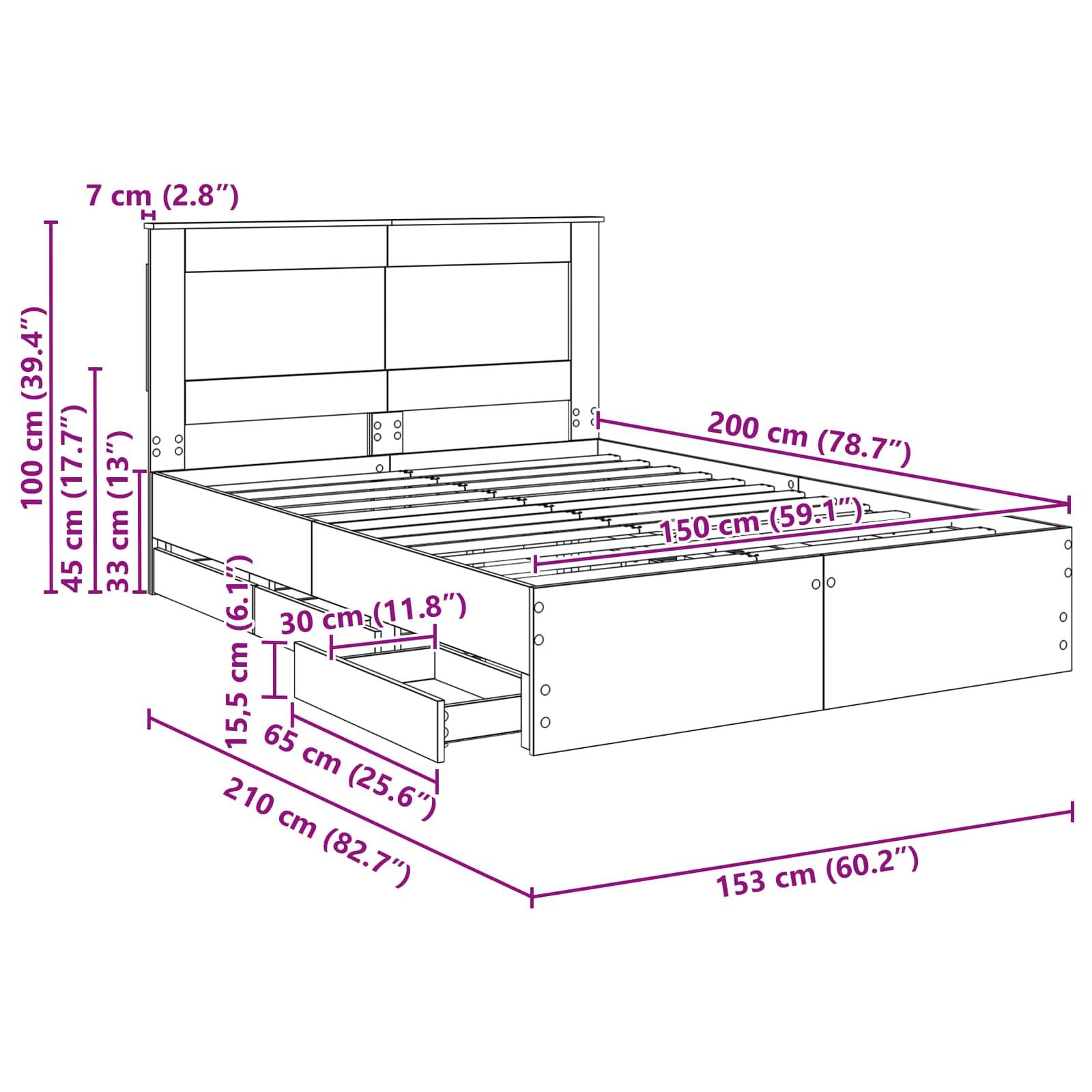 Diagramm eines Bettgestells mit Maßen: Höhe 100 cm, Breite 153 cm, Länge 215 cm. Matratzenbereich: 150 cm x 200 cm. Ausgestattet mit Aufbewahrungsschubladen.