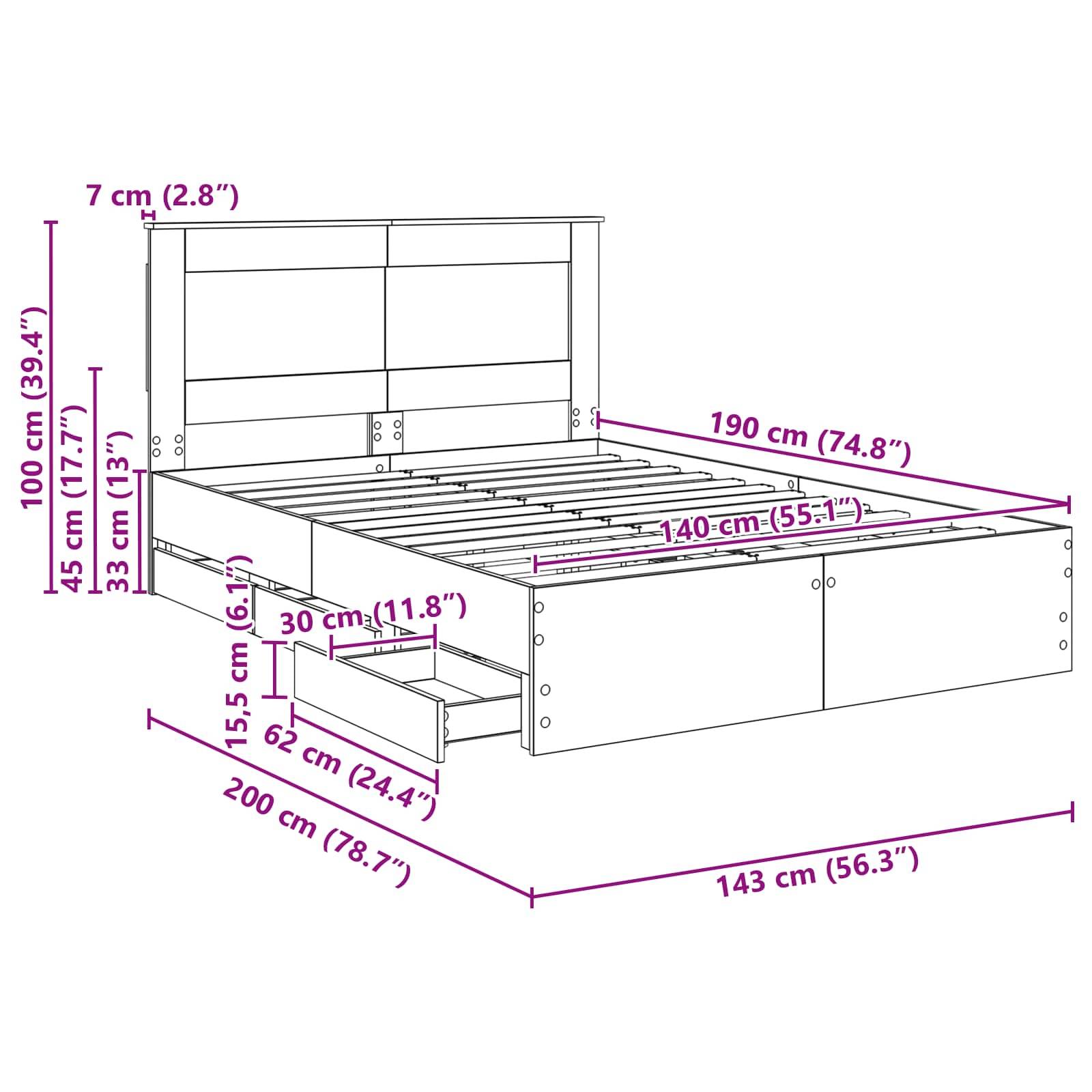 Diagramm eines Bettes mit Maßen: 190 cm Länge, 143 cm Breite, 100 cm Kopfteilhöhe. Schublade und Regalmessungen enthalten.