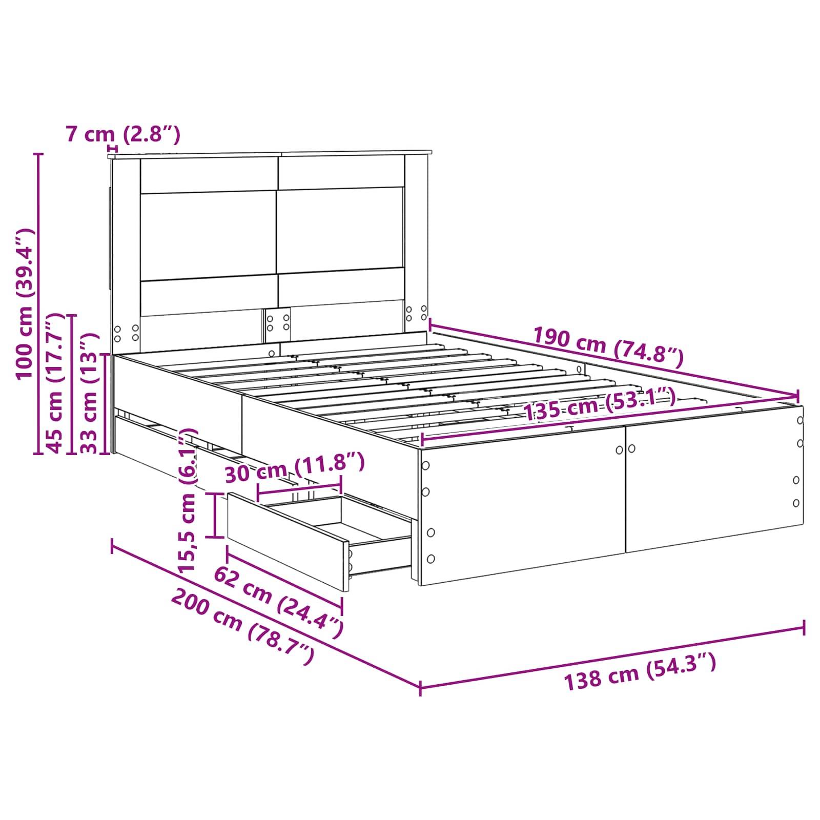 Bettgestell mit Stauraum Maße: Höhe 100 cm, Breite 138 cm, Länge 200 cm. Inklusive Unterbett-Schubladen und Kopfteil-Regale.