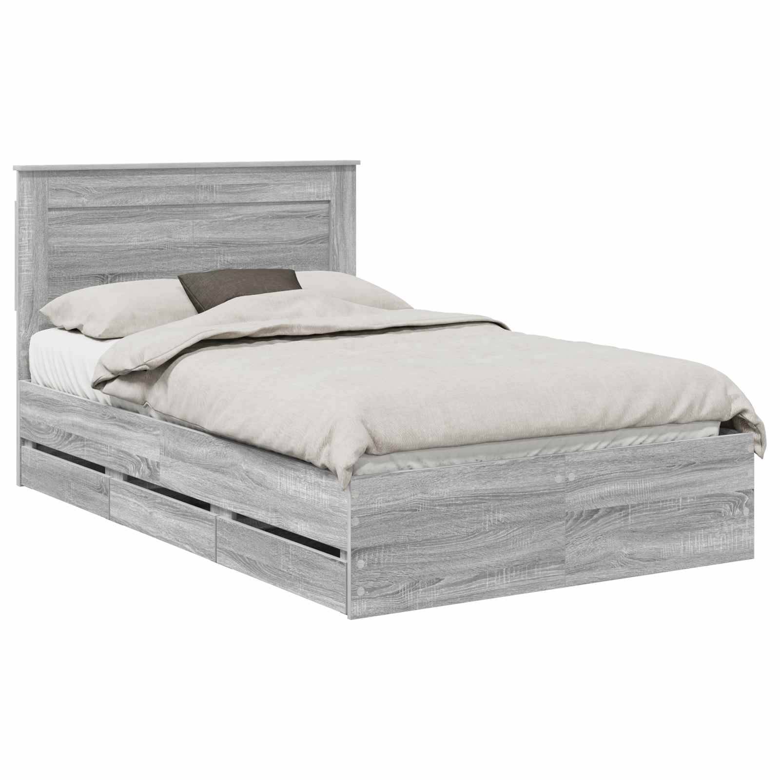 Ein grauer Holzbett mit Kopfteil, ordentlich bezogen mit beigefarbener Bettwäsche und einem dunklen Akzentकissen. Minimalistisches Design mit einem stabilen Rahmen.