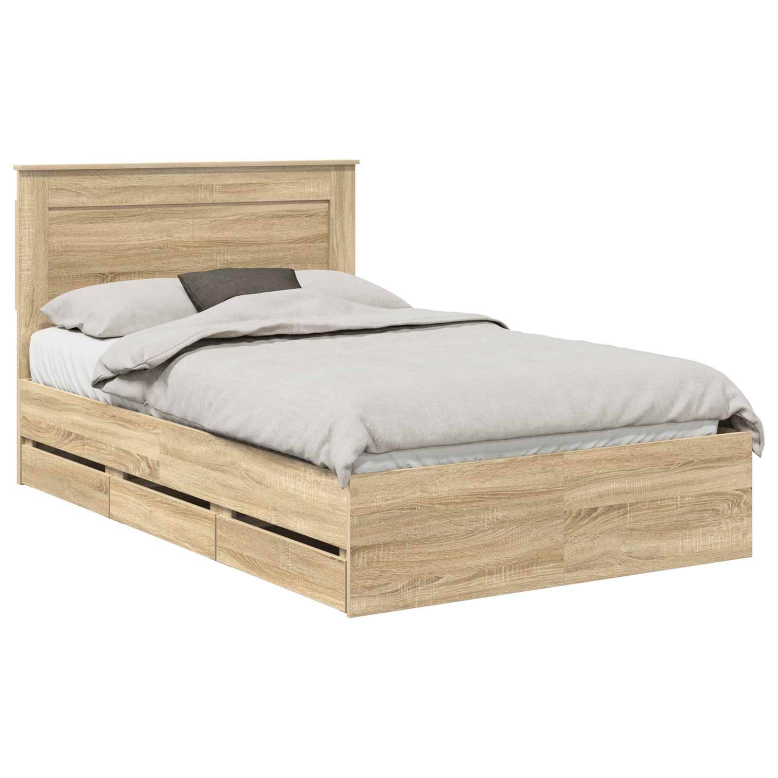 Ein Holzbettgestell mit Kopfteil, ausgestattet mit Schubladen unter dem Bett, ist mit weißer Bettwäsche und einem grauen Kissen zu sehen.