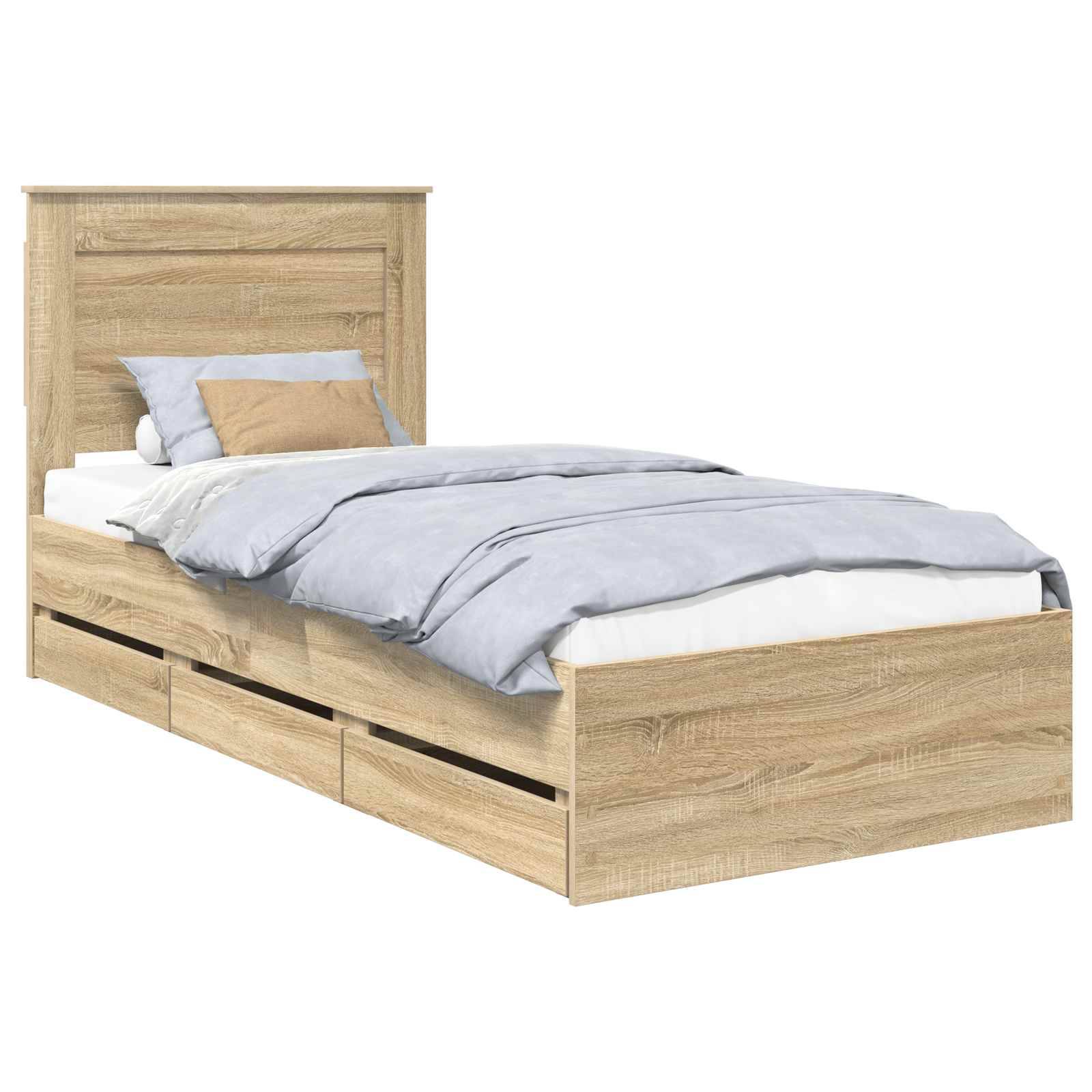 Ein Holz-Einzelbett mit Kopfteil, hellgrauen Bettwäsche und einem beigen Akzent-Kissen. Das Bett verfügt über Staurageschubladen darunter.