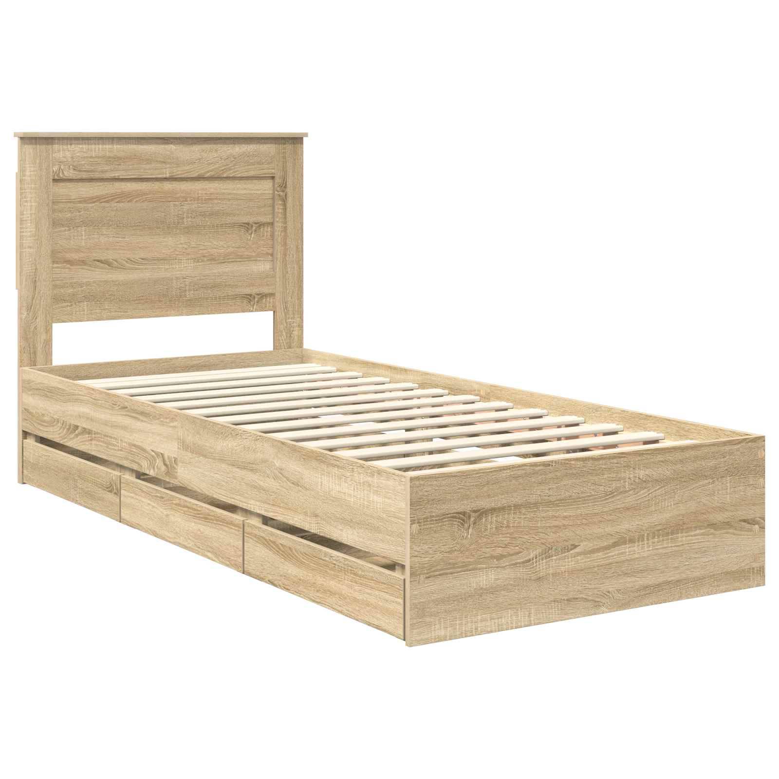 Ein hölzerner Zwillingsbettenrahmen mit einem Kopfteil und drei Aufbewahrungsschubladen darunter. Die Bettlatten sind sichtbar, und das Holz hat eine natürliche Oberfläche.