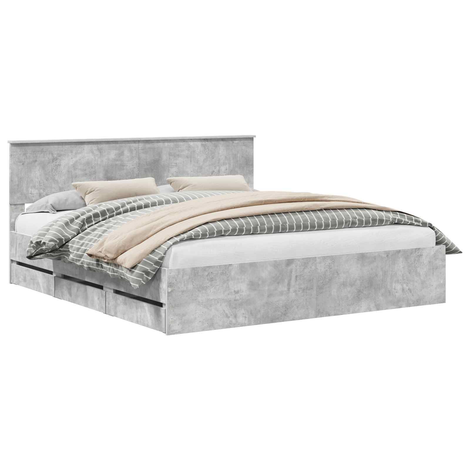 Ein modernes grau gerahmtes Bett mit hohem Kopfteil, weißer Matratze und beige-grüner gestreifter Bettwäsche. Die Bettbasis verfügt über einen integrierten Stauraum.