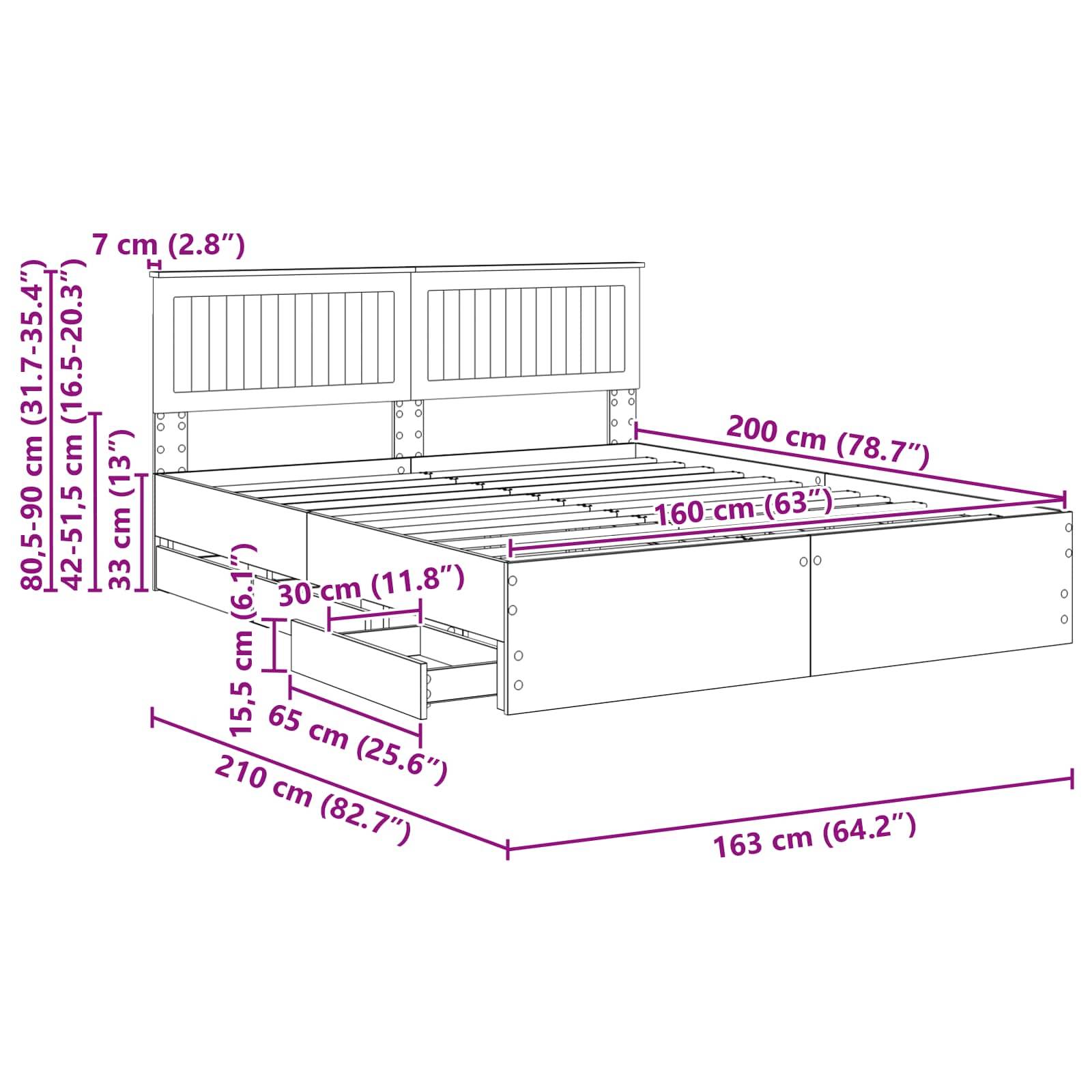Linienzeichnung eines Bettes mit Lamellenkopfteil, mit detaillierten Maßangaben für Höhe, Breite und Länge in Zentimetern und Zoll.