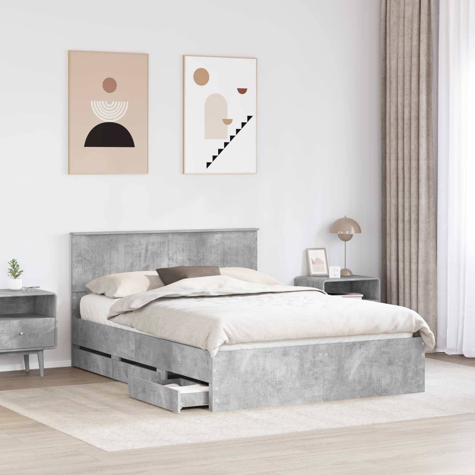 vidaXL Bettrahmen mit Kopfteil Beton Grau 140 x 190 cm Ingenieurs Holz