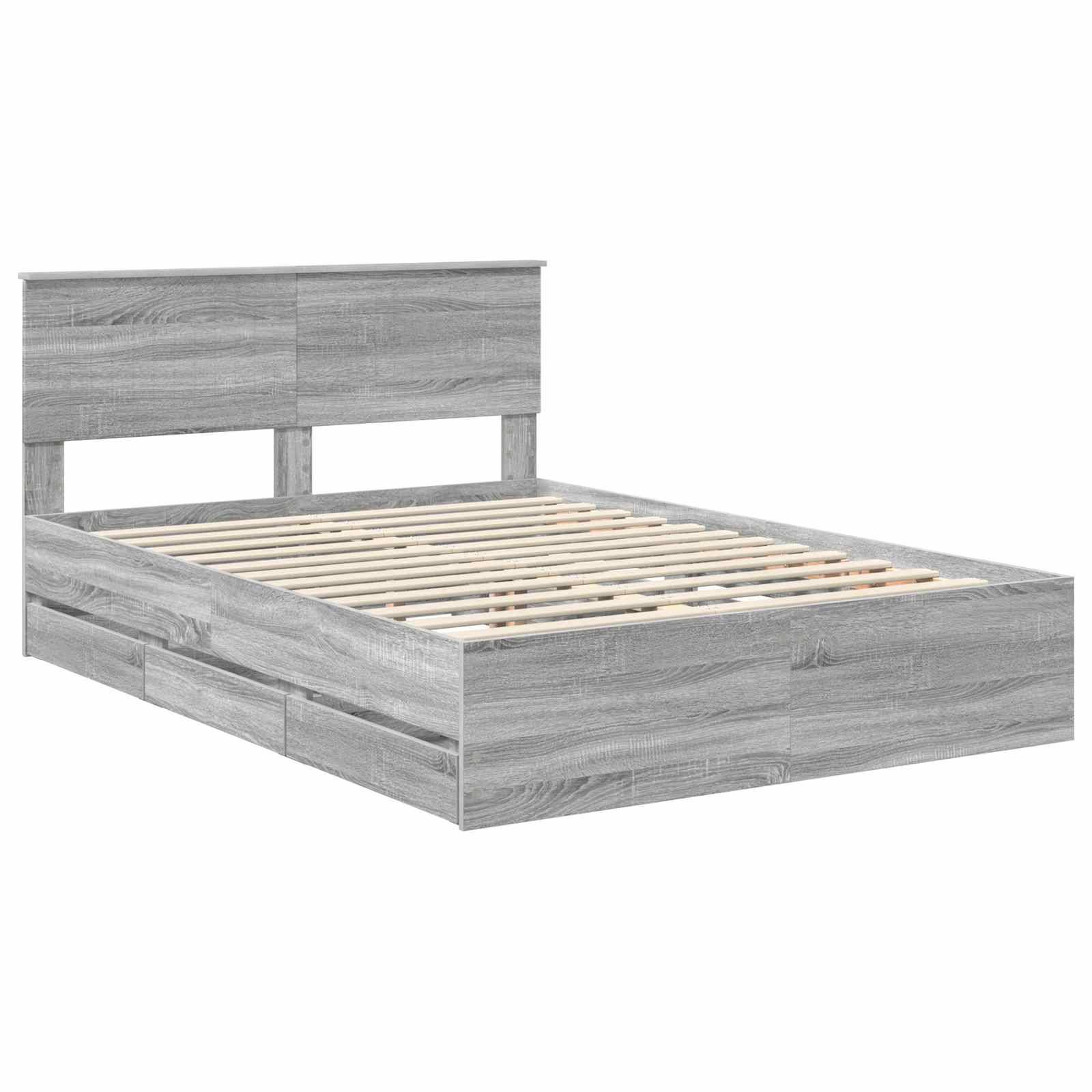 Ein moderner grauer Holzbettrahmen mit Staurageschubladen darunter, ausgestattet mit einem schlichten Kopfteil und Lamellendesign zur Matratzenunterstützung.