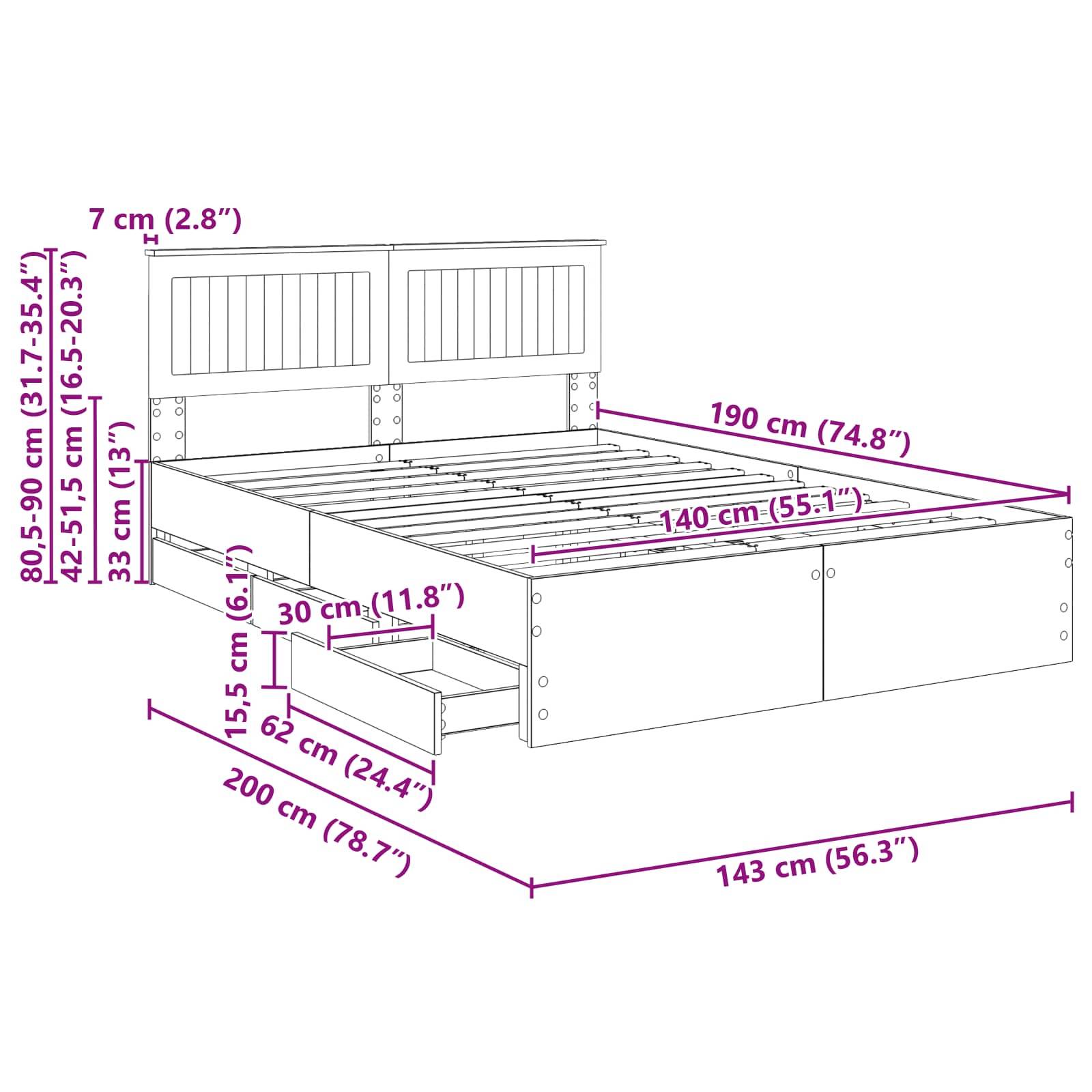 Diagramm eines Bettgestells mit Maßen: Breite 143 cm (56,3