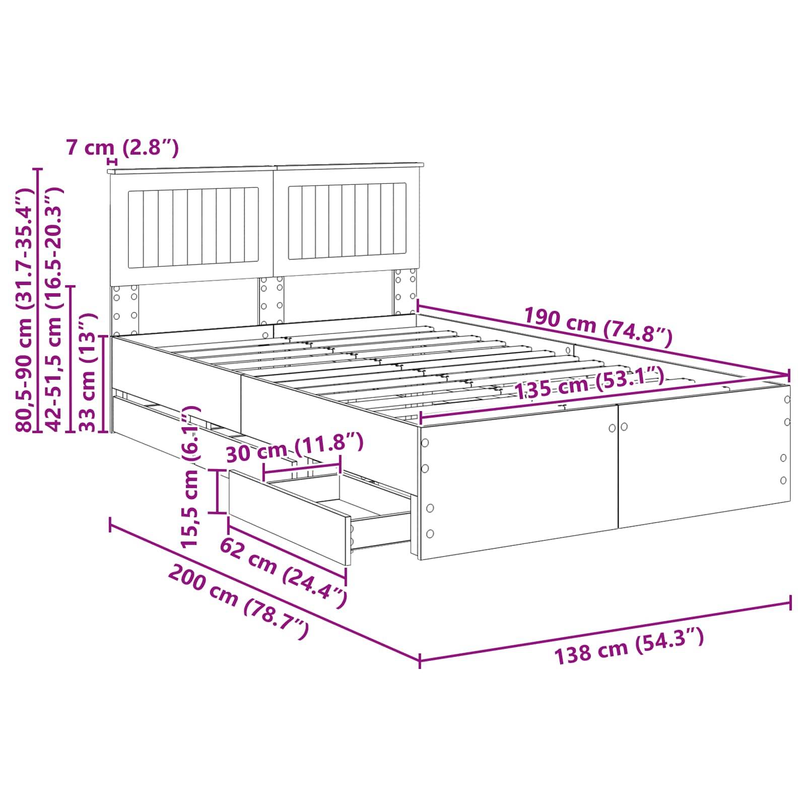 Diagramm eines Bettes mit Stauraum. Abmessungen: 80,5-90 cm hoch, 75 cm breit, 190 cm lang. Staurageschubladen: 60 cm tief, 62 cm breit, 30 cm hoch.
