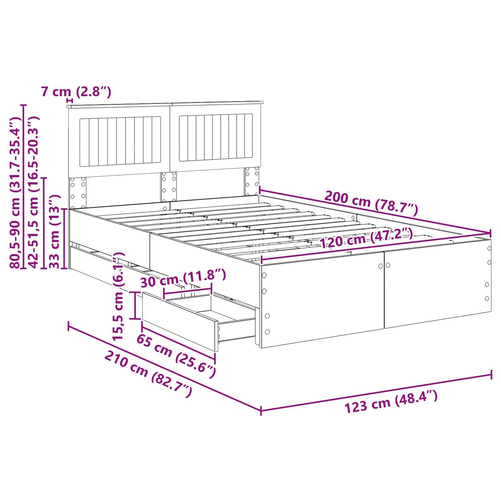 Eine Skizze eines Bettgestells mit Abmessungen: 215 cm lang, 123 cm breit, 80,5-90 cm hoch. Merkmale umfassen Schubladen und ein Kopfteil.
