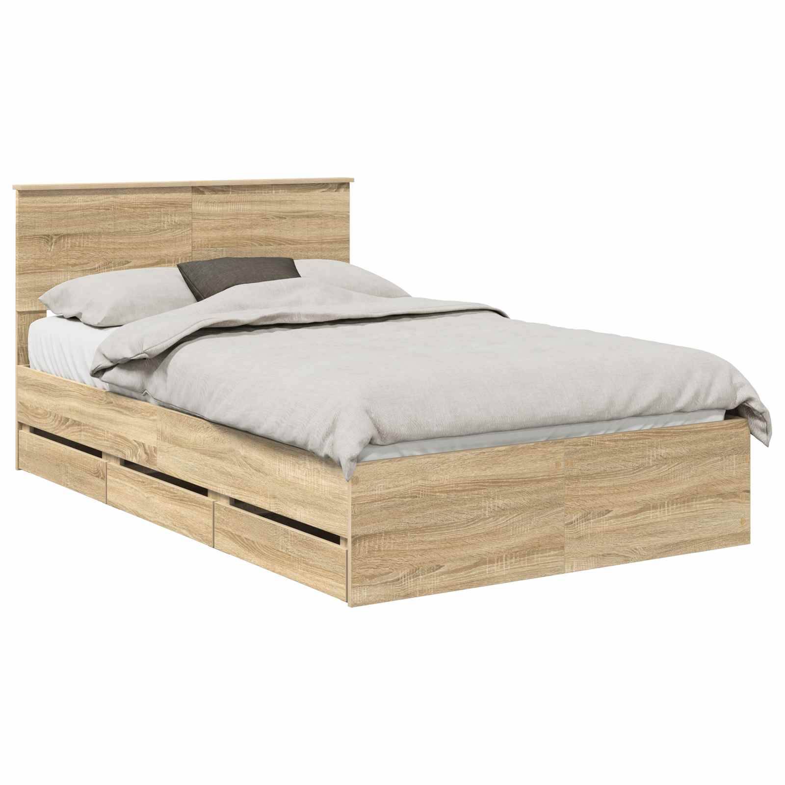 Ein Holzbett mit hellbrauner Oberfläche, einem Kopfteil und Aufbewahrungsschubladen darunter. Das Bett ist ordentlich bezogen mit beigefarbener Bettwäsche.