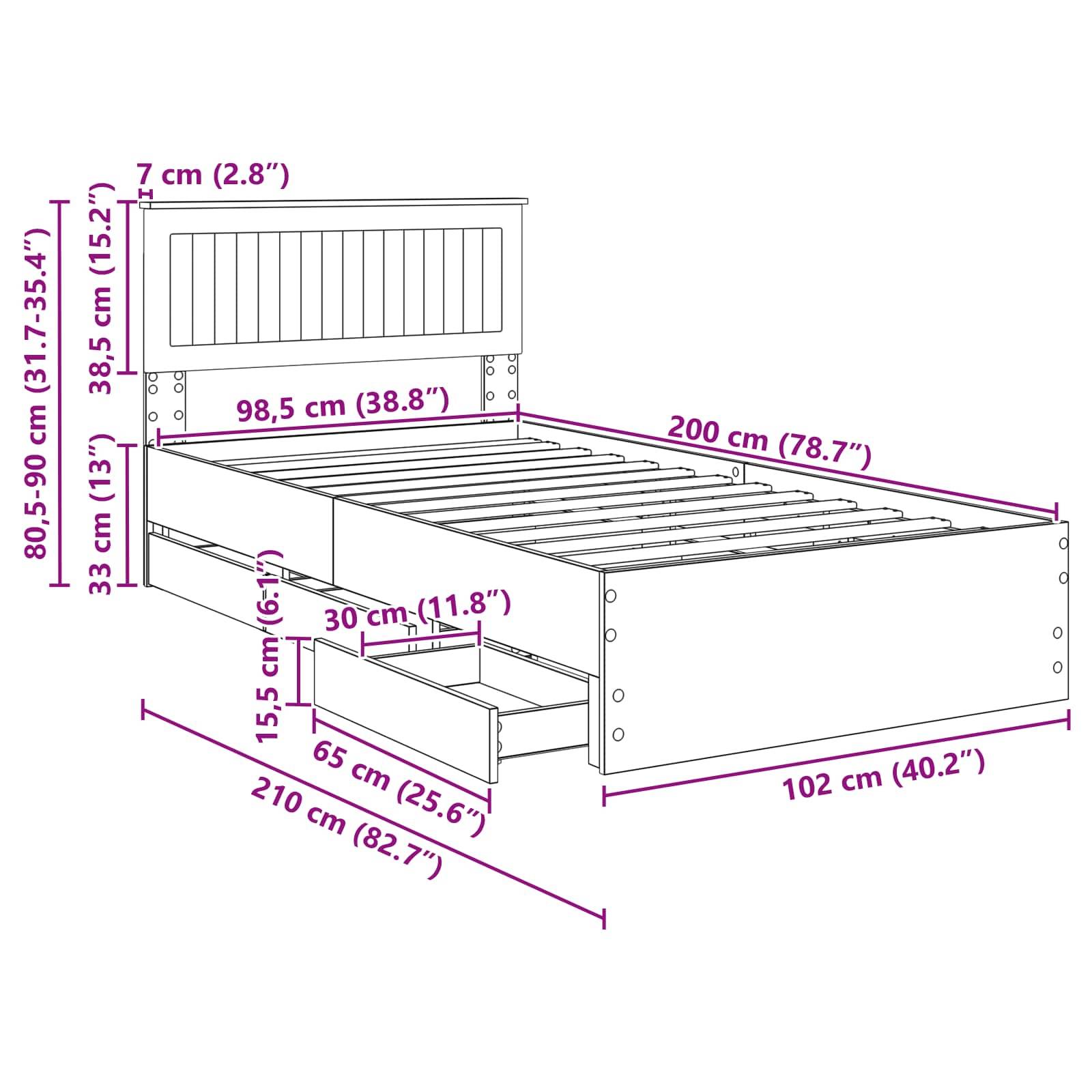 Eine Skizze eines Bettes mit folgenden Abmessungen: Kopfbretthöhe 80,5-90 cm, Breite 98,5 cm, Länge 200 cm. Enthält zwei Schubladen à 30 cm.