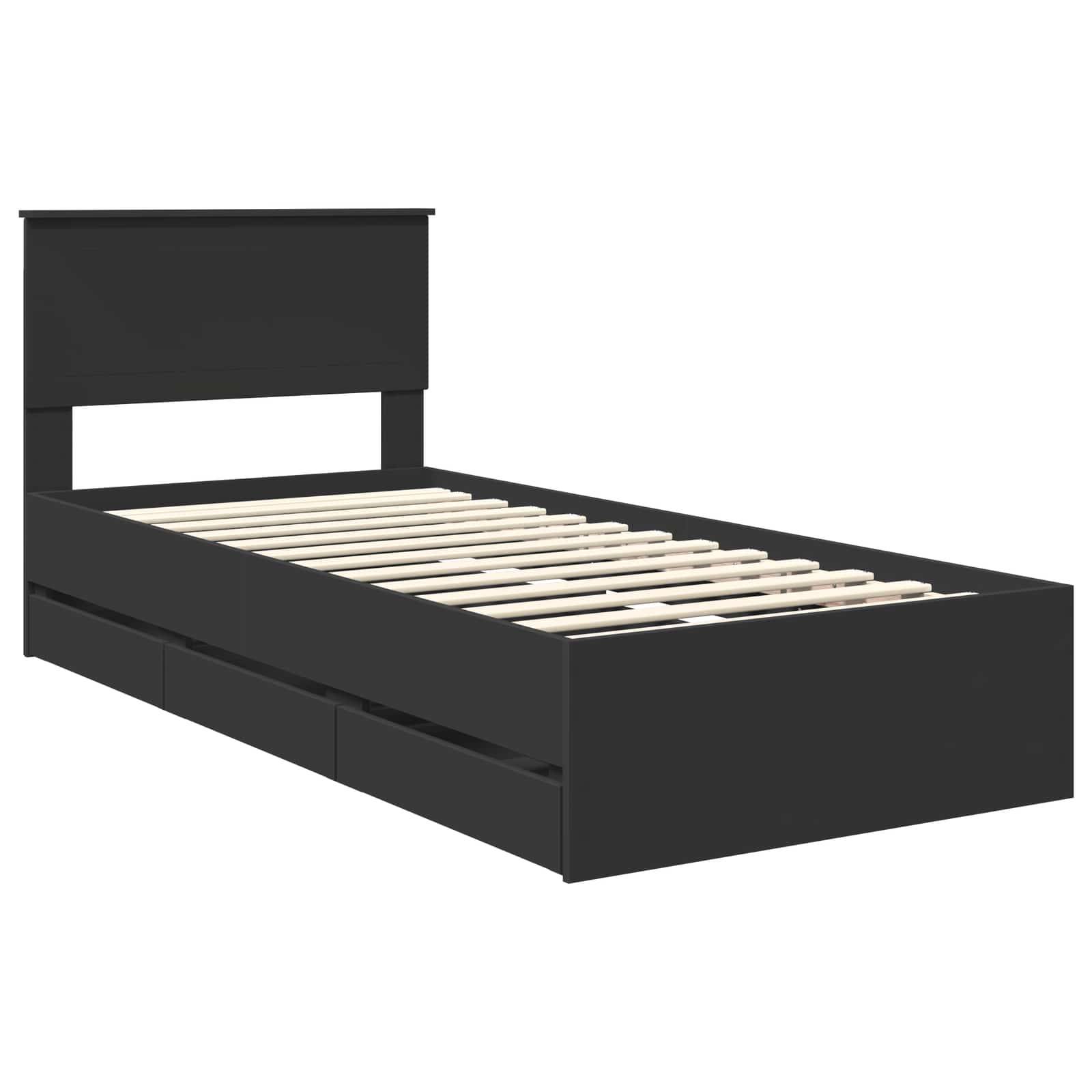 Ein schwarzer Doppelbett-Rahmen mit Aufbewahrungsschubladen darunter, ausgestattet mit einem schlichten Kopfteil und Holzlatten zur Matratzenunterstützung.