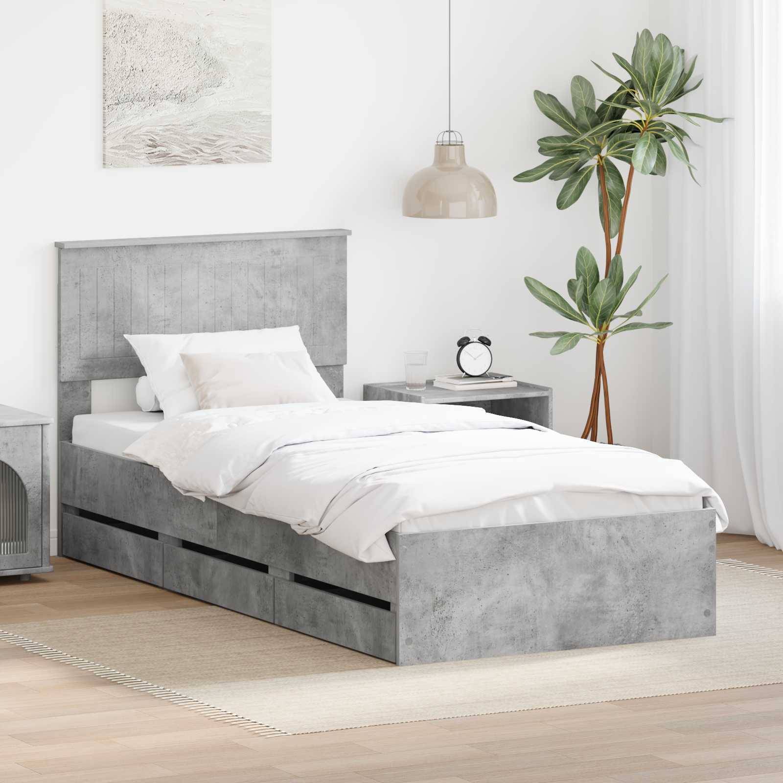 vidaXL Bettrahmen mit Kopfteil Beton Grau 90 x 200 cm Ingenieurs Holz