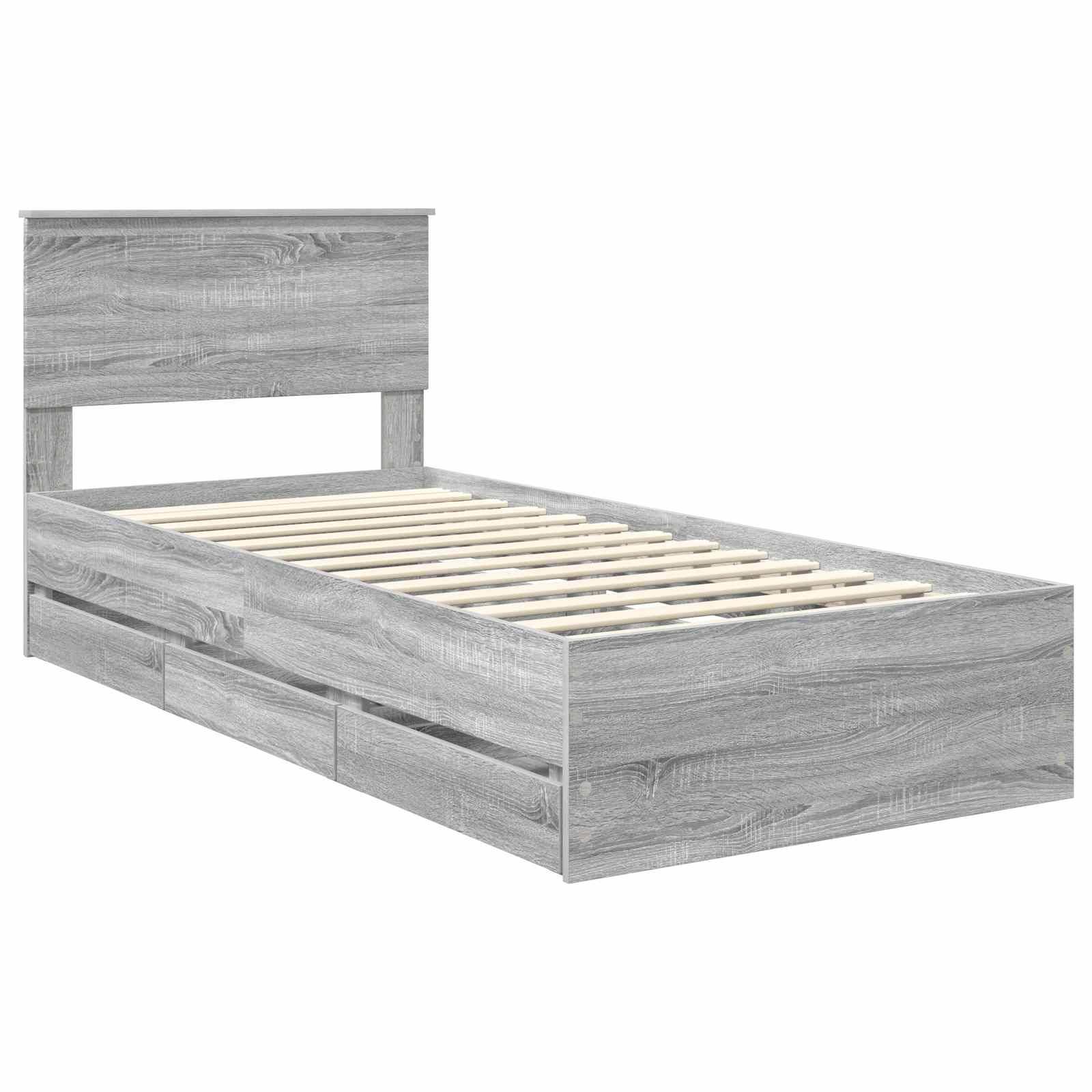 Einfacher Holz-Einzelbettrahmen mit Kopfteil, in heller Graufarbe, ausgestattet mit Latten zur Matratzenunterstützung und Schubladen unter dem Bett.