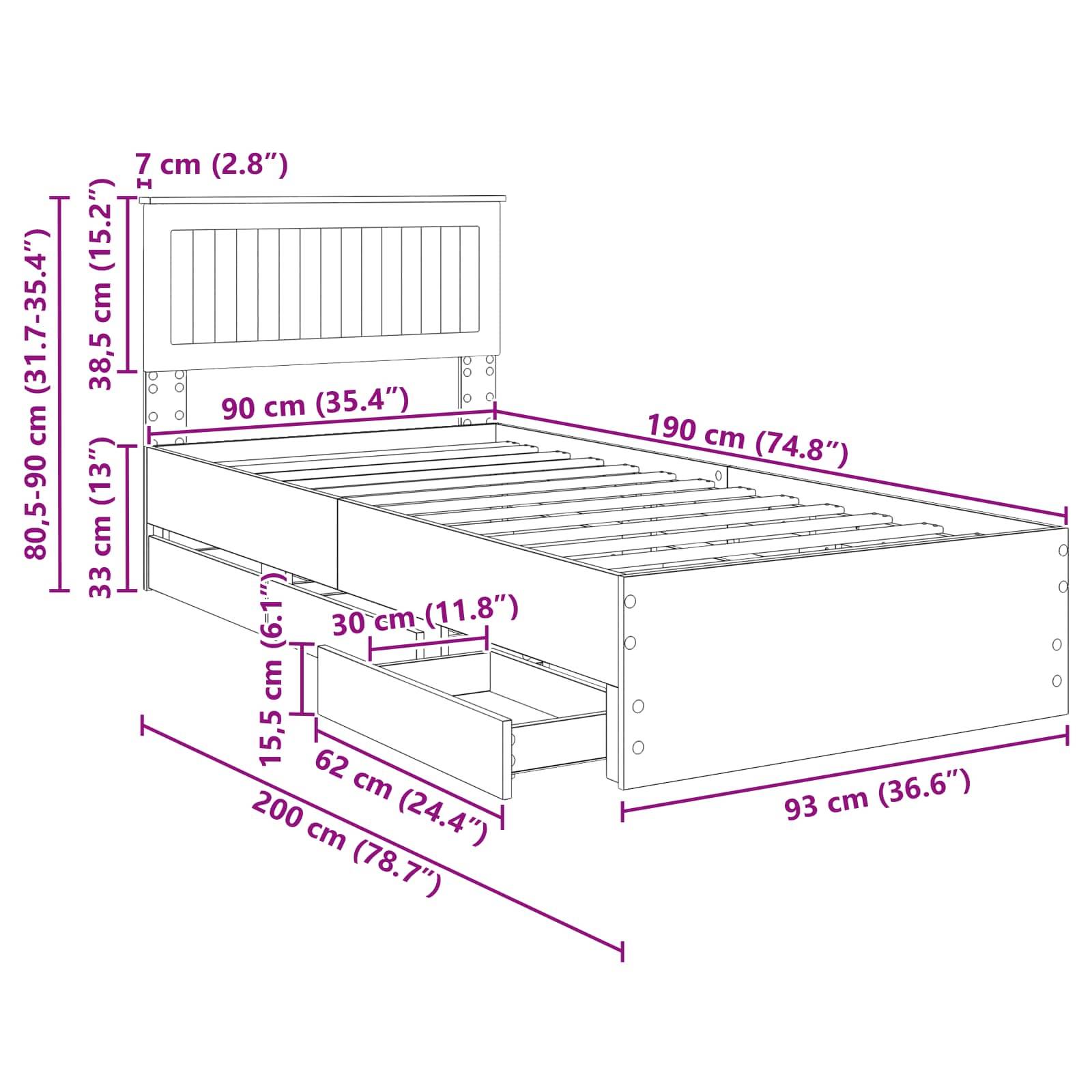 Bauplan eines Bettes mit Stauraum. Abmessungen: 90 cm Breite, 190 cm Länge. Enthält eine Schublade (62 cm breit, 30 cm hoch, 33 cm tief).