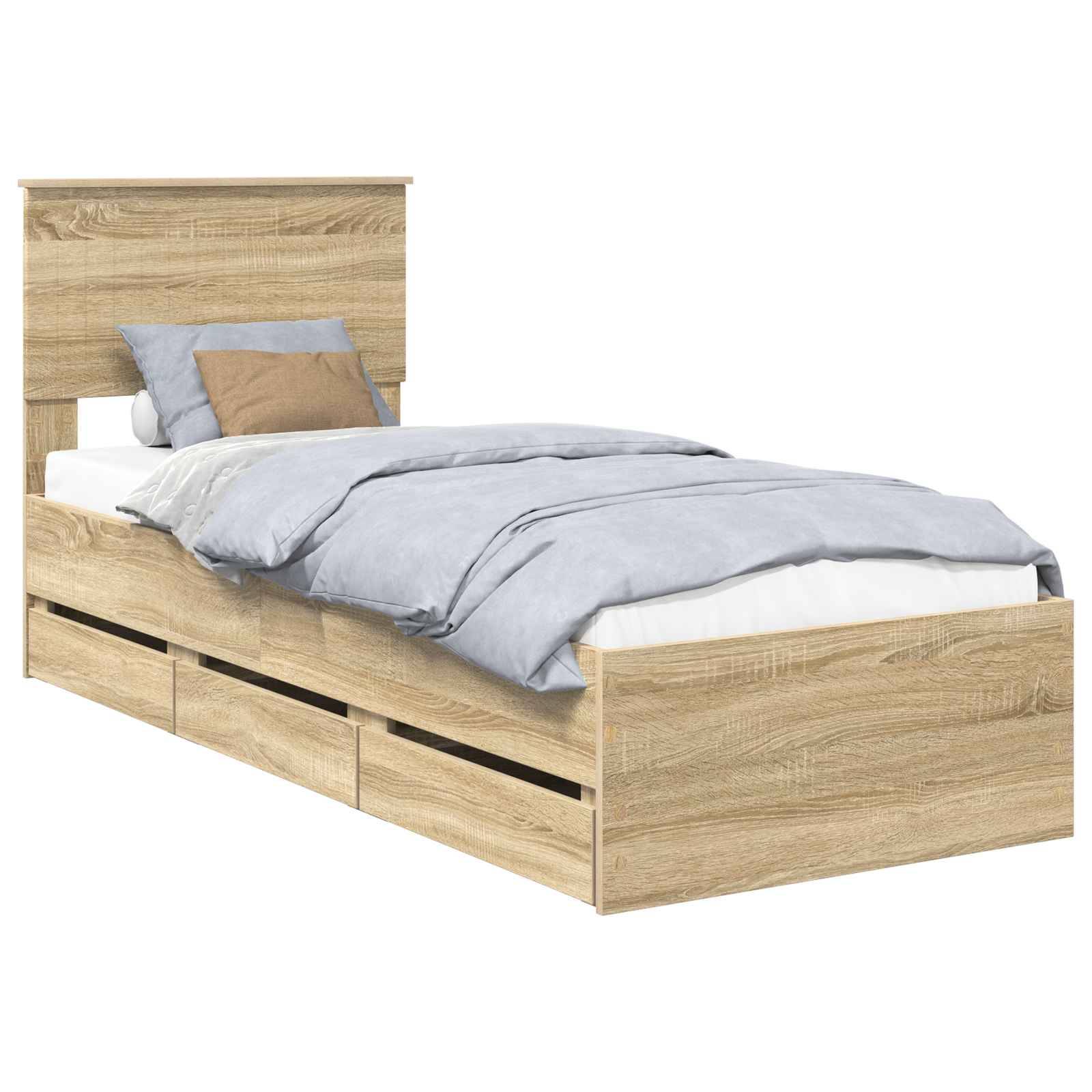 Ein Holz-Einzelbett mit einer hellen Holzoberfläche, das über Aufbewahrungsschubladen unter dem Bettgestell verfügt. Es ist mit hellblauen und beige-farbenen Bettwaren bezogen.
